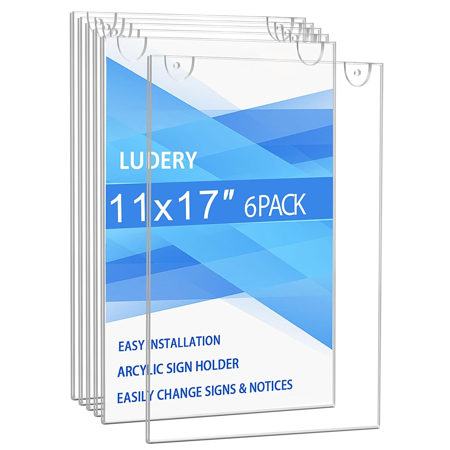 Acrylic Sign Holder 11x17 Vertical, Wall Mount Document Holder, Clear Plastic Picture Frame with Tape Adhesive and Screws for Office, Home, Store, Restaurant - 6 Pack