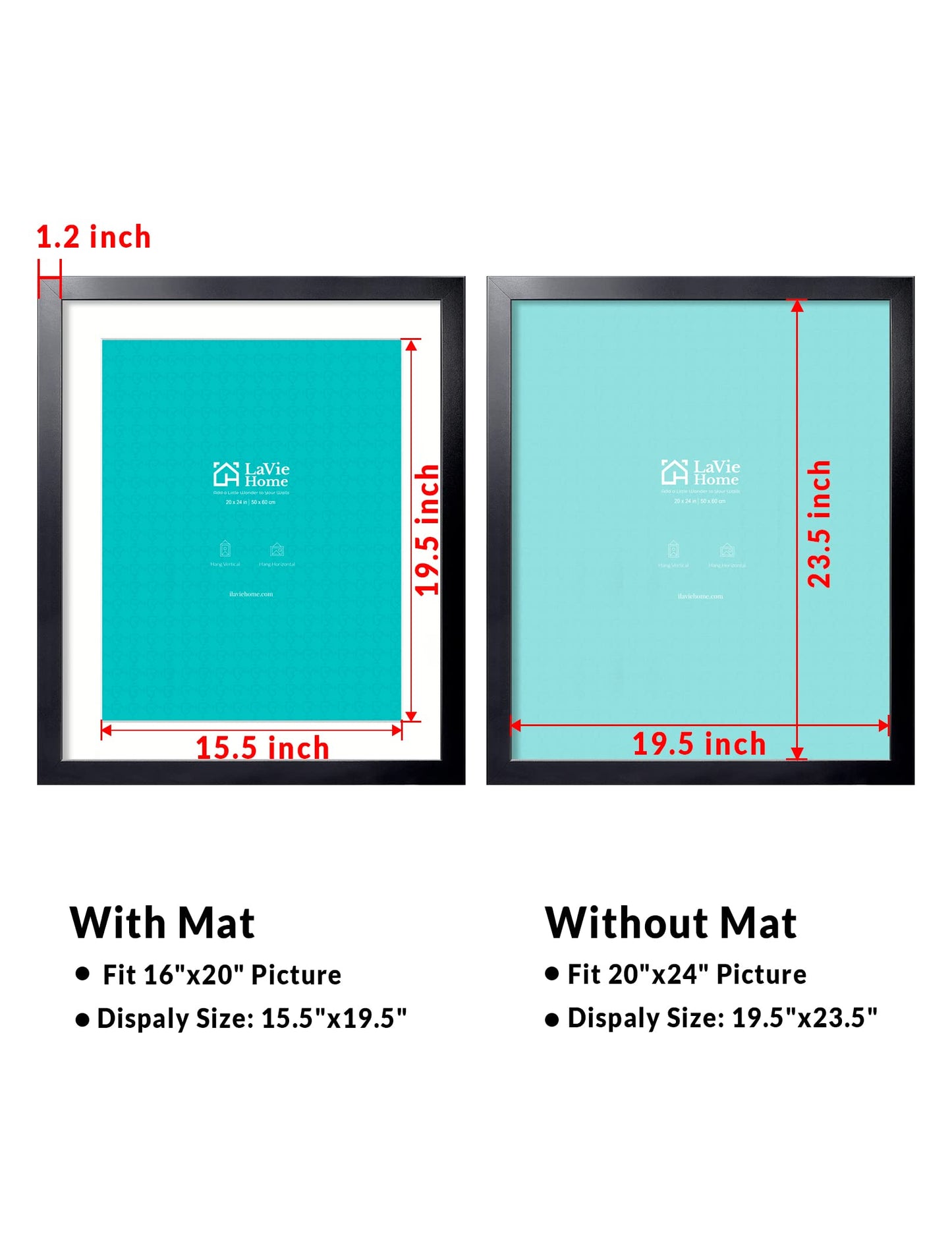 LaVie Home 20x24 Picture Frame Black Poster Frame,Display Pictures 16x20 with Mat or 20x24 Without Mat, Stable and Sturdy Frame and Polished Plexiglass, Horizontal and Vertical Format of The Walls