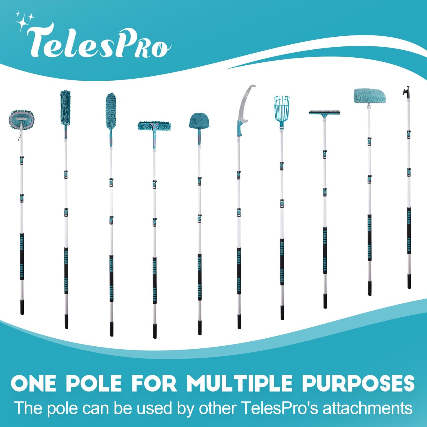 TelesPro 20 Feet High Reach Window Squeegee with 5-12Ft Extension Pole, Window Cleaner Tool with 3-Stage Telescoping Pole, Window Cleaning Kit with Rotatable Head (2 Squeegee & 2 Microfibre Cloths)