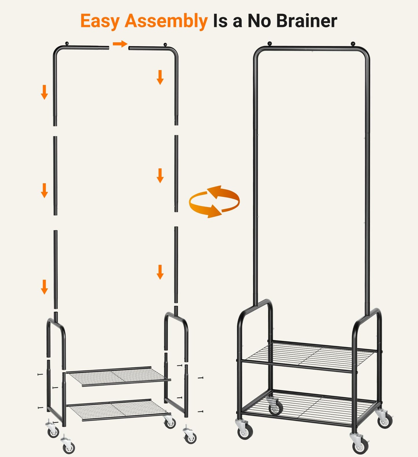 AOODA Small Clothes Rack with Shelves, Metal Sturdy Rolling Clothing Racks for Hanging Clothes, Portable Garment Rack with Wheels for Shirts, Coats, Shoes, Bags (Black)