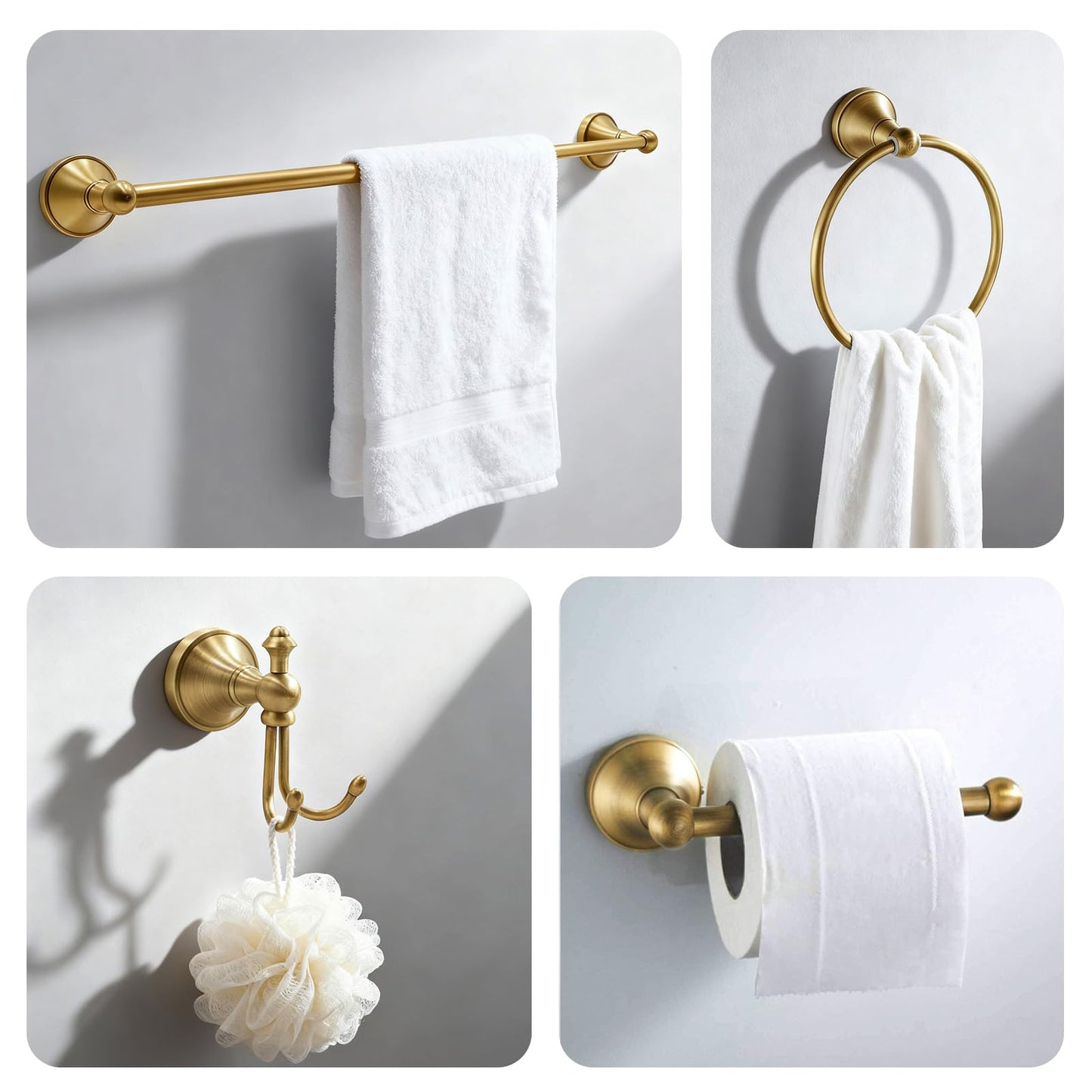 4 Piece Antique Brass Gold Bathroom Towel Bar Set - Toocust 16"-27.7" Adjustable Towel Bar for Bathroom, Wall Mounted Antique Brass Bathroom Hardware, Brushed Brass Towel Holder