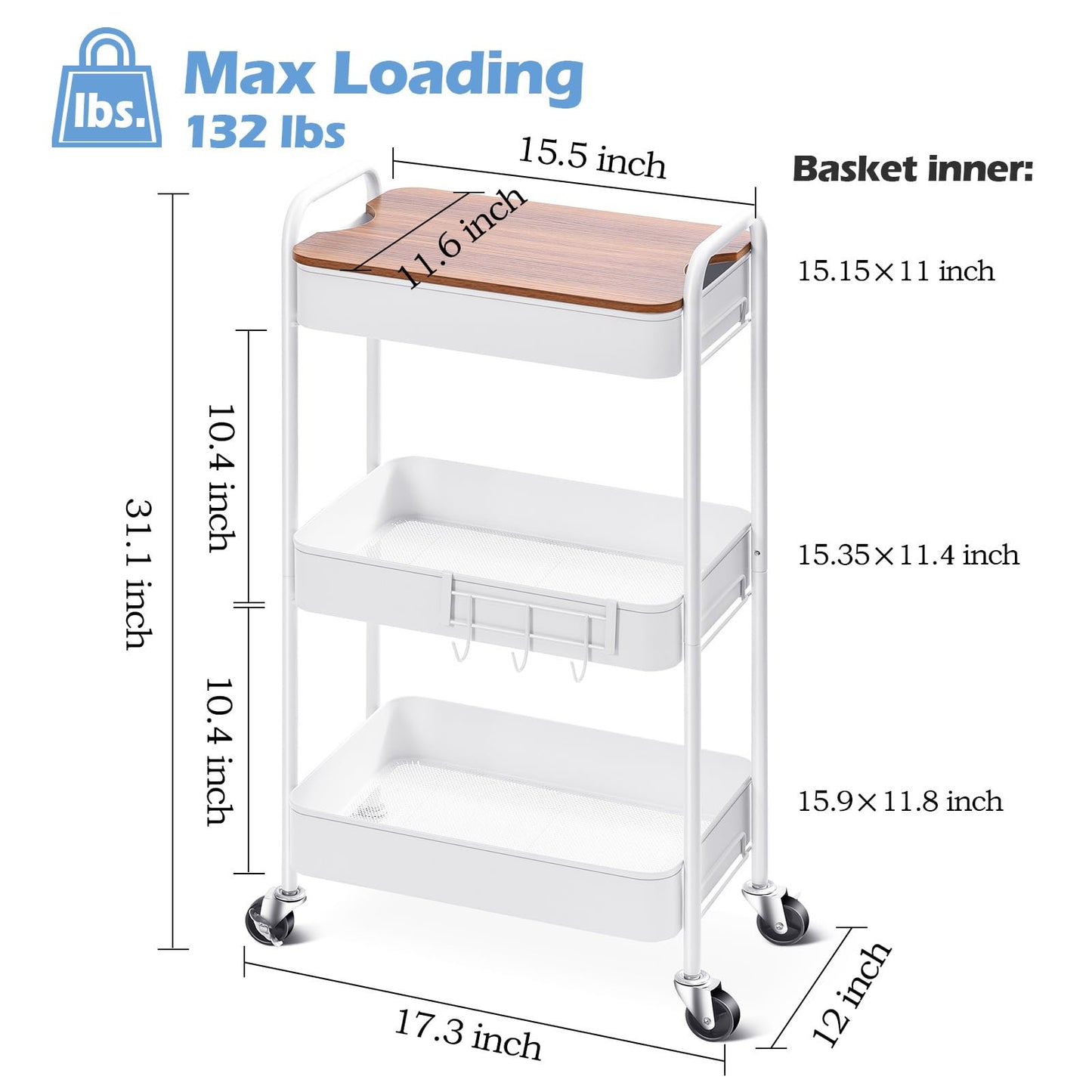 TOOLF 3-Tier Rolling Cart with Table Top, Metal Storage Cart on Wheels, Utility Organizer with Wooden Tray, Lockable Casters, Easy Assembly for Bathroom, Living Room, Office, Kitchen, White