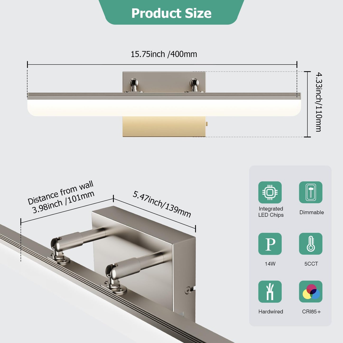 KELIDEN Brushed Nickel Vanity Light, 15.7” Dimmable LED Bathroom Light Bar with 5CCT, Adjustable Angle – Modern Wall Lighting for Bathroom, Powder Room, Bedroom, Apartment, Hotel