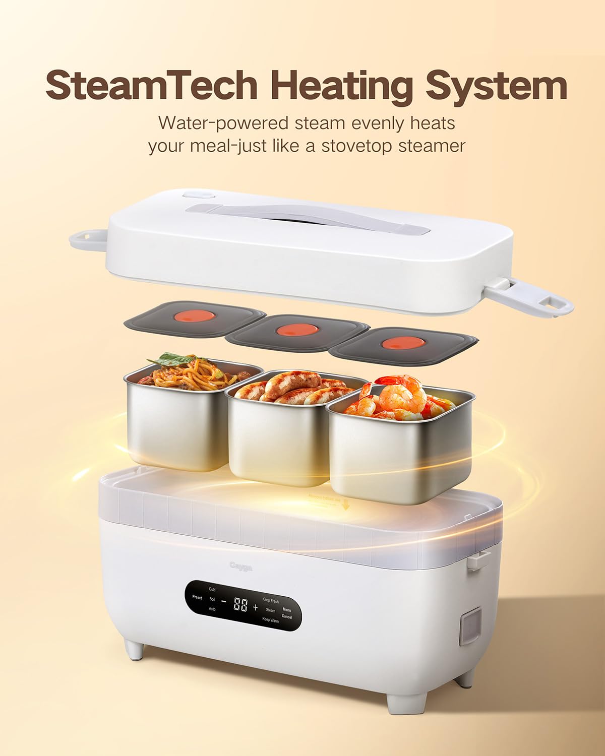 110V Plug-in Multi-Function Electric Cooling Lunch Box with 5.5-Cup Automatic Heating Portable Food Warmer with Removable Tray Divider for Office Work Travel (White)