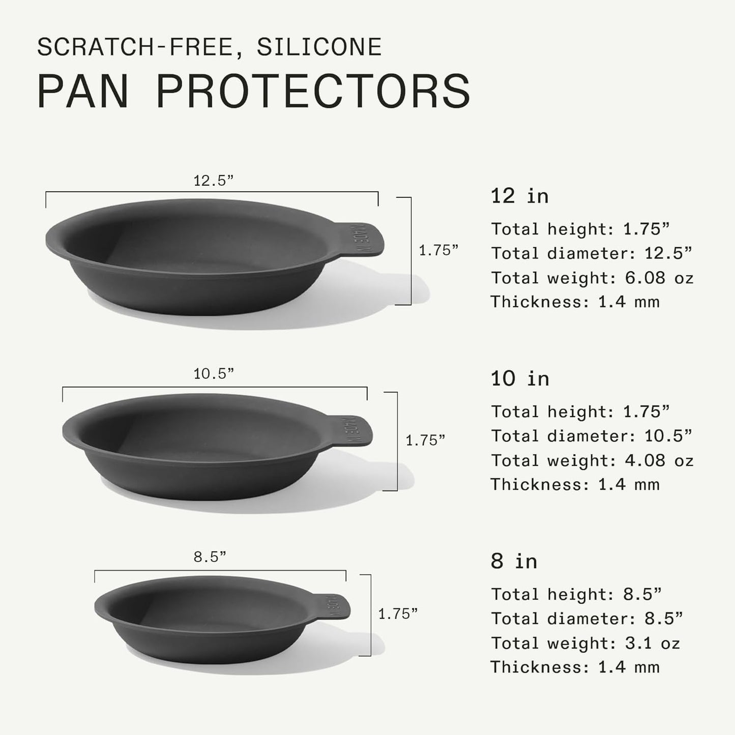 Made In Cookware | 3 Piece Set (Includes 8",10",12") Frying Pan Protectors | Graphite | Molded Silicone | Dishwasher Safe
