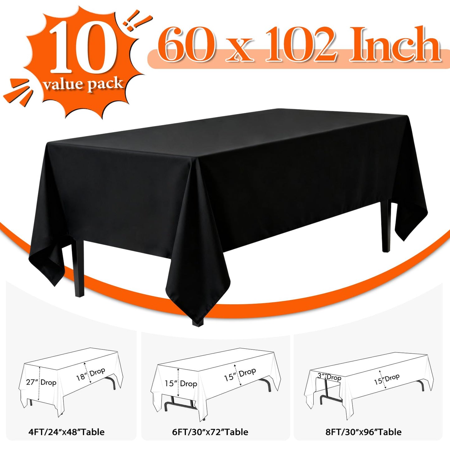 10 Pack Black Tablecloths 60x102 Inch Black Table Cloth for 6 Foot Rectangle Tables, Wrinkle Resistant Rectangular Tablecloth Washable Polyester Fabric Table Covers for Party Banquet Wedding Buffet