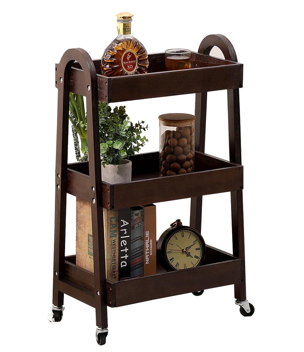 Kersiki 3-Tier Wooden Rolling Cart- Wooden Utility Cart wit Wheels- Utility Rolling Cart-Storage Trolley Organizer- Rolling Kitchen Cart Serving Cart for Office,Kitchen, Kids' Room (Walnut Color)