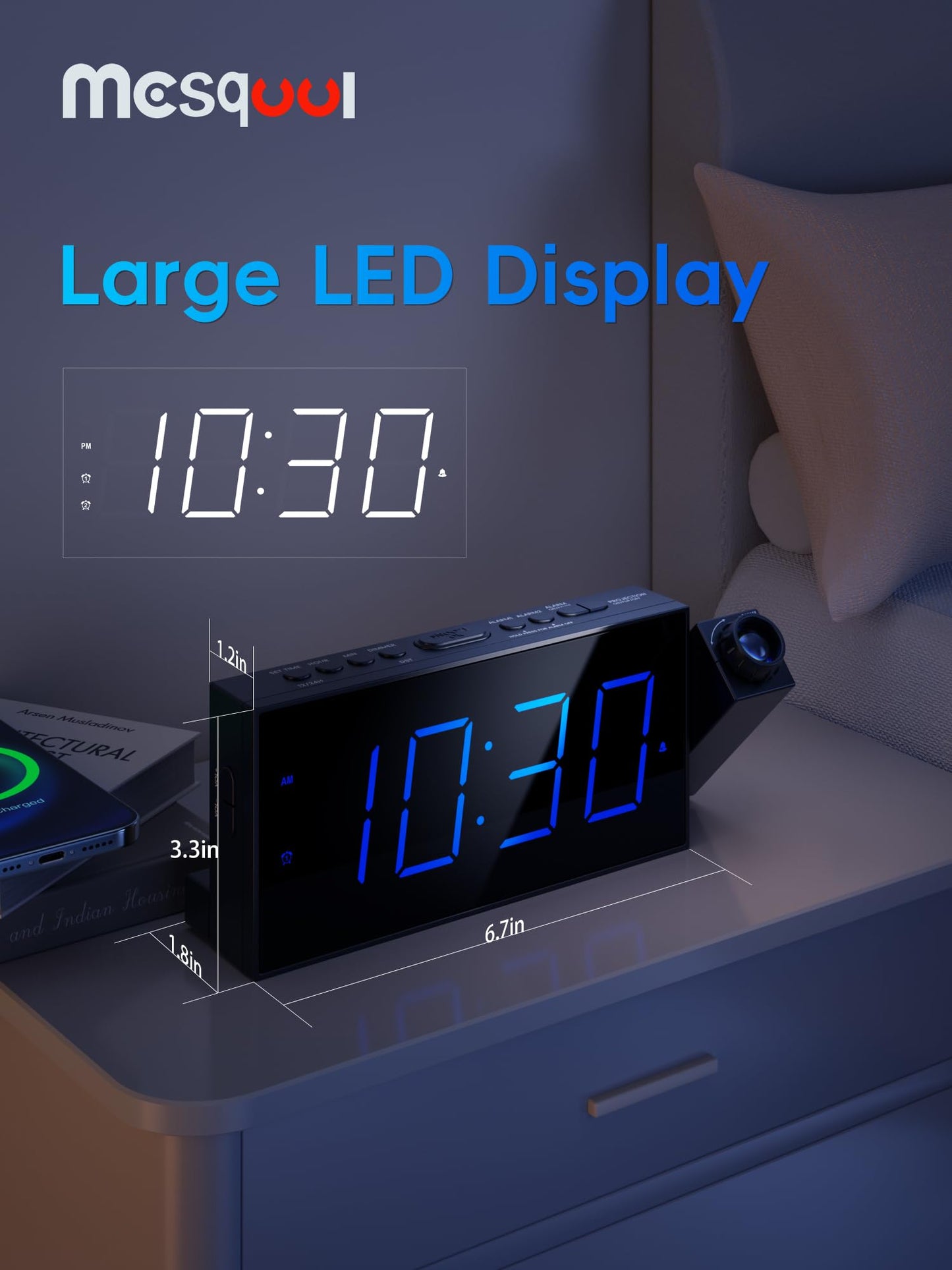 Mesqool Projection Alarm Clock with Bed Shaker, Dual Alarms, 180° Projector, 5-Level Dimmer, USB Phone Charger, Battery Backup, Loud Vibrating Alarm Clock for Heavy Sleepers, Snooze, DST