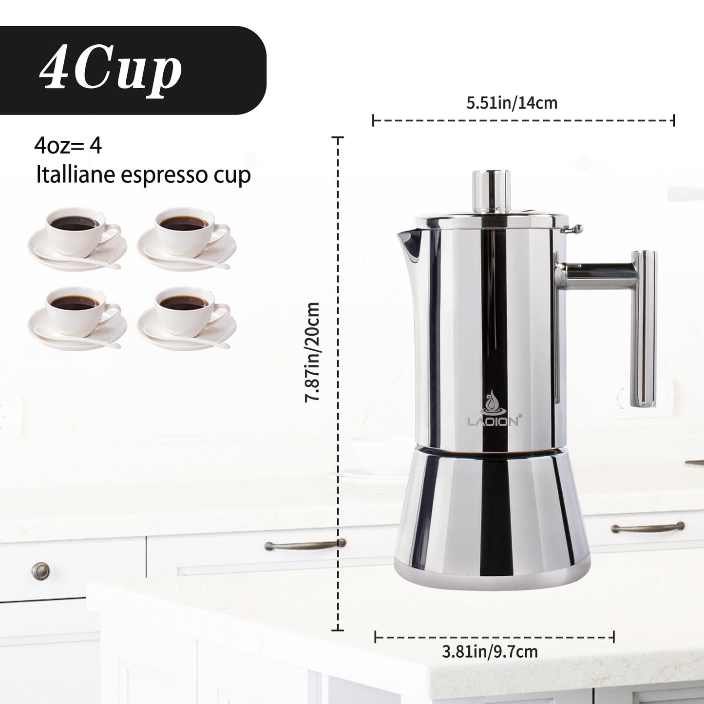 LAOION Stovetop Espresso Maker, 4Cup 6.8 oz Moka Pot, Stainless Steel Cuban and Italian Coffee Maker for Cafetera Cubana, Greca De Cafe Induction Stovetop Compatible, Coffee Gift for Home Travel