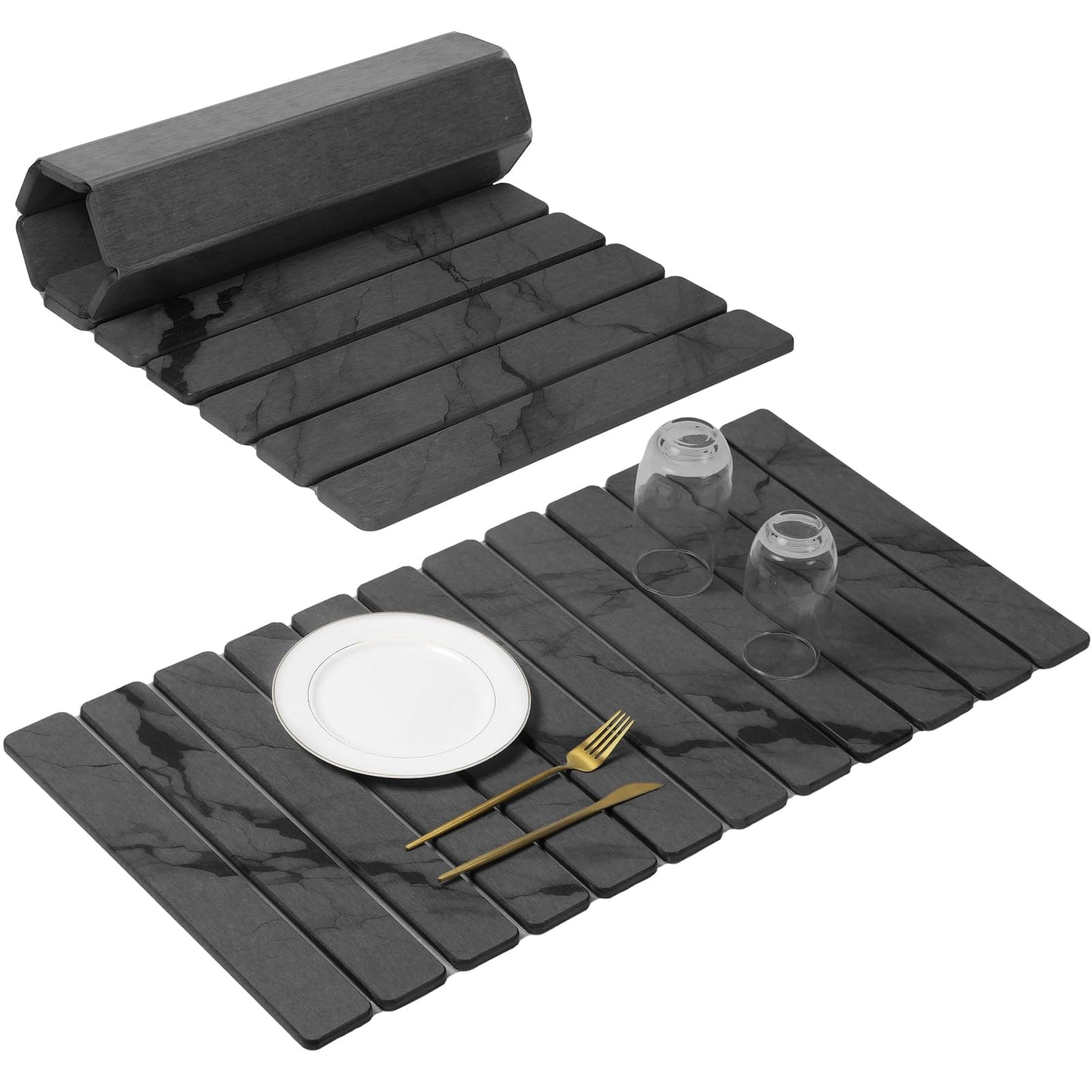 Extra Large Stone Dish Drying Mat for Kitchen Counter, Quick Dry Stone Dishes Mats, Foldable Water Absorbing Diatomaceous Drying Pad for Countertop Bottles Utensils Cups Bathroom(Dark Gray 32"×16"）
