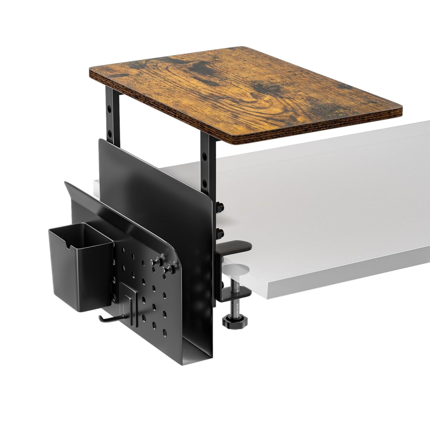 Desk Extender, Clamp On Desk Shelf Organizer, with Side Storage Steel Frame & 15 inch Wood Desktop Supplies Rack Clamp Mount Table Hanging Storage for Home Office Fits Flat Edge Tables 0.3" to 2.3"