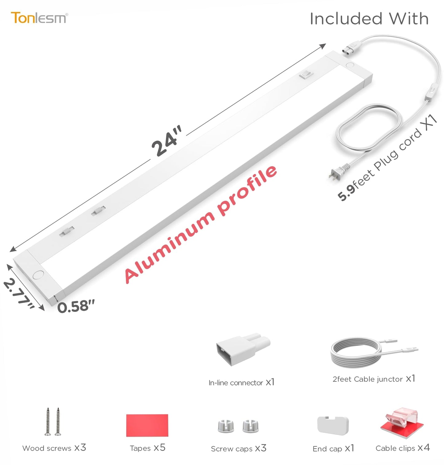 Tonlesm 24 Inch Under Cabinet Lighting Plug in, 14W 120V 3 Color 3000K/4000K/5000K, 3 Brightness, Super Bright, Ultra Thin Under Counter Lights for Kitchen, Linkable LED Cabinet Light, White