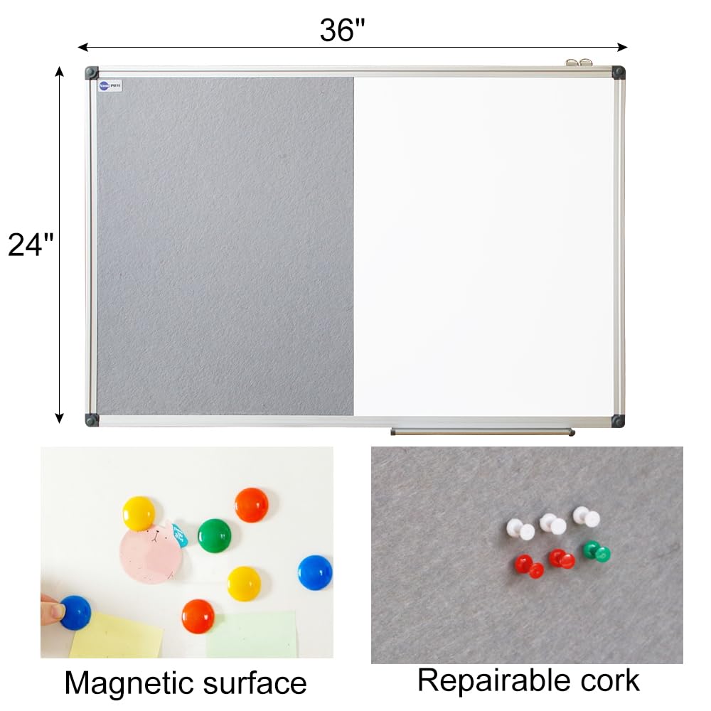 NEWPUTE White Board and Cork Board Combo - 36 x 24 Inches Large Dry Erase Whiteboard and Bulletin Board, Magnetic Wall Pin Display Board for Home, Classroom & Office, 24"x36" Grey
