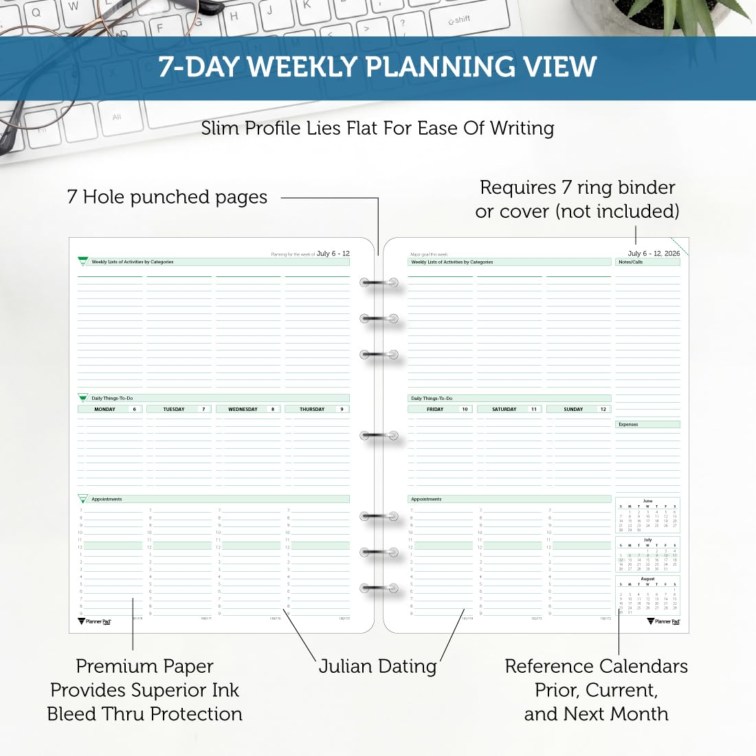 Planner Pad 7 Hole Loose Leaf July 2026 – June 2027 / Academic Year 8 1/2" x 11” 3-Tier Funnel Down 12 Month Large Size Organizer, Soft Green Ink