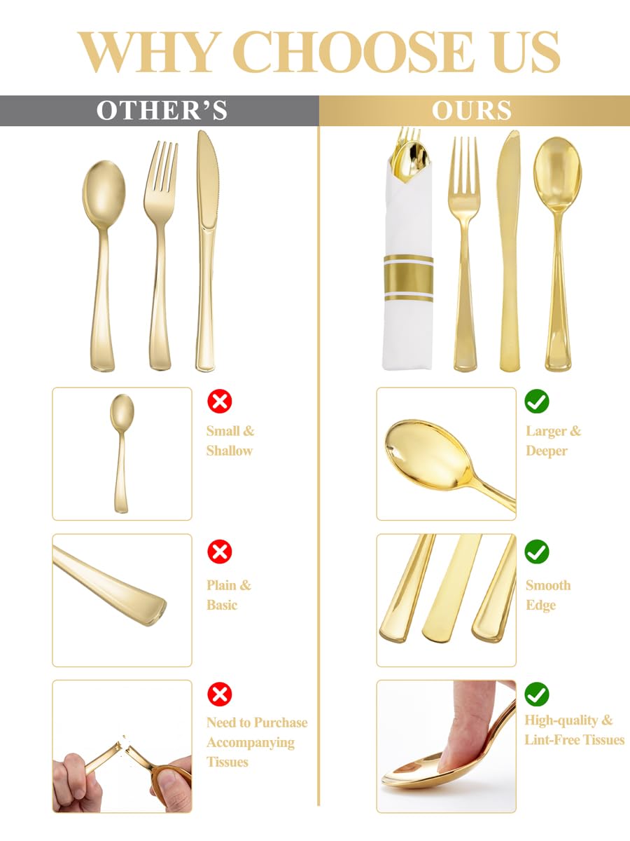 Supernal 240 Pcs Pre Rolled Napkins with Gold Plastic Silverware - 60 Sets Elegant Disposable Wrapped Cutlery: Heavy Duty Gold Forks, Knives, Spoons for Weddings, Parties, & Catering Events