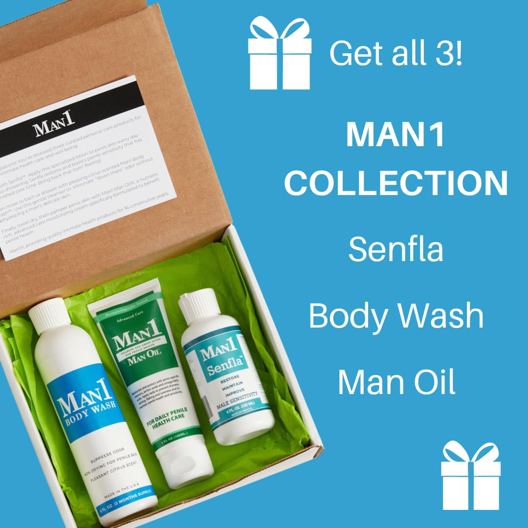 Man1 Collection: Penile Health Gift for His Anniversary, Birthday or Holiday. Give Him a Unique Present He’ll Love. Three Premium Products for Complete Penile Care: Man1 Man Oil, Senfla and Body Wash