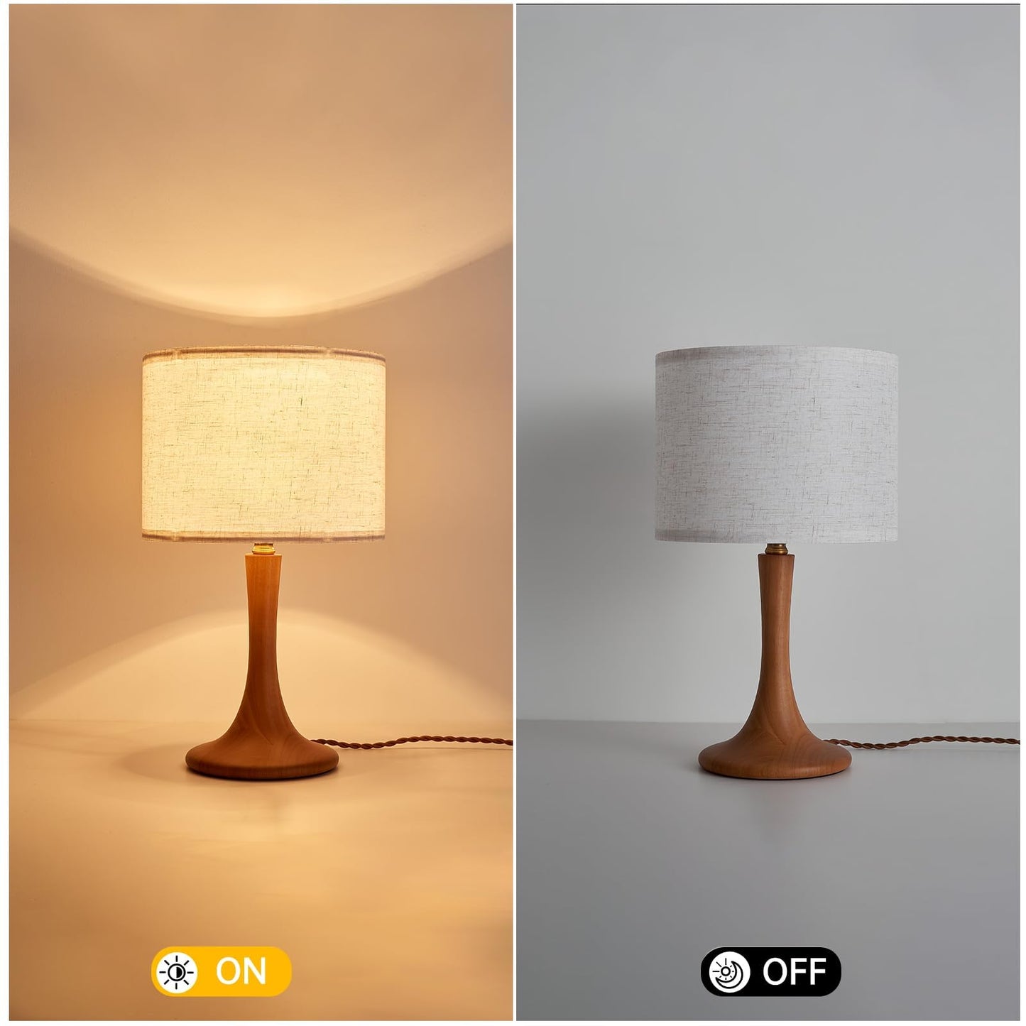 NUSRAN Bedside Table Lamp for Bedroom, Nordic Plug in Fabric Shade & Solid Wood Base Desk Lamp, Plug & Play Natural Wood Nightstand Lamp for Living Room, Office, Switch Power Cord 【Bulb Not Included】