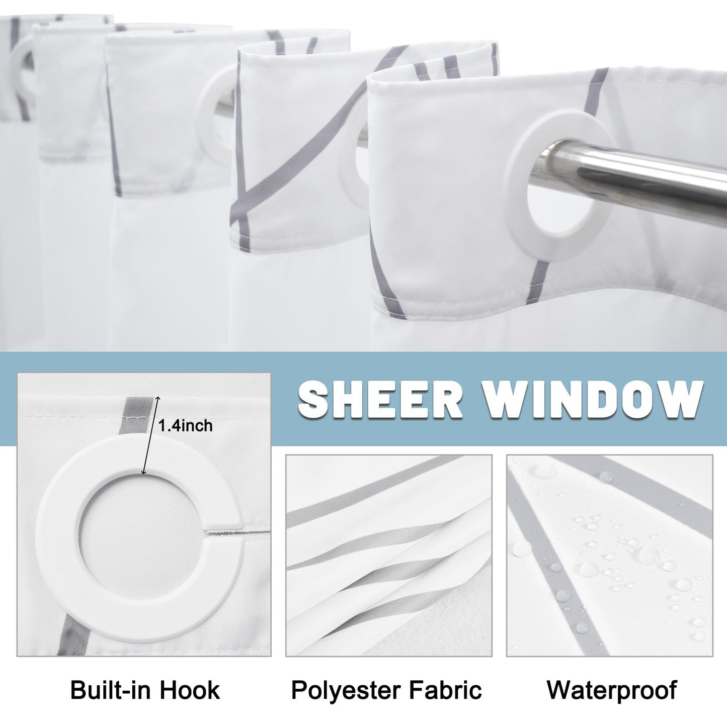 LXBNI No Hook Grey White Striped Shower Curtain with Snap in Fabric Liner Set - Hotel Liner Set with See Through Mesh Top Window,Machine Washable, 71x74 INCH