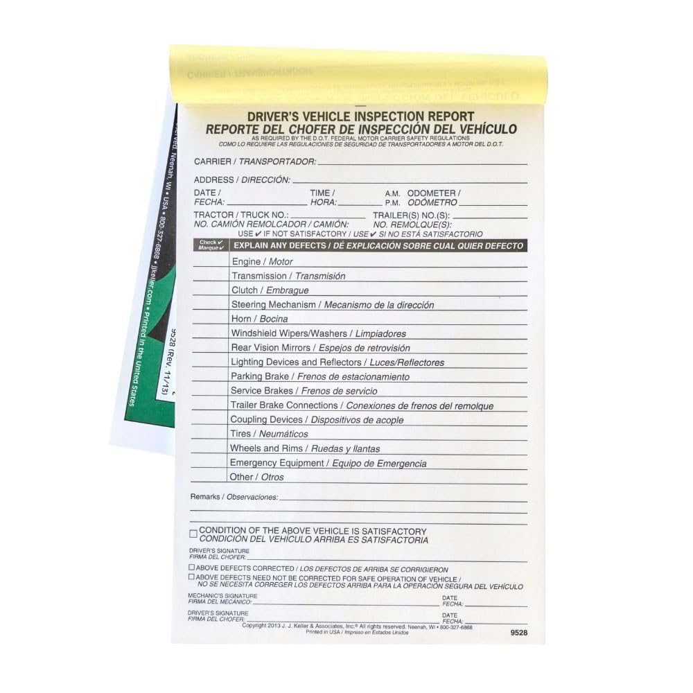 Simplified Driver's Vehicle Inspection Report 10-pk. - Bilingual, Book Format with 31 Sets, 2-Ply Carbonless, 5.5" x 8.5", Meet FMCSR Requirements, J. J. Keller & Associates, Inc.