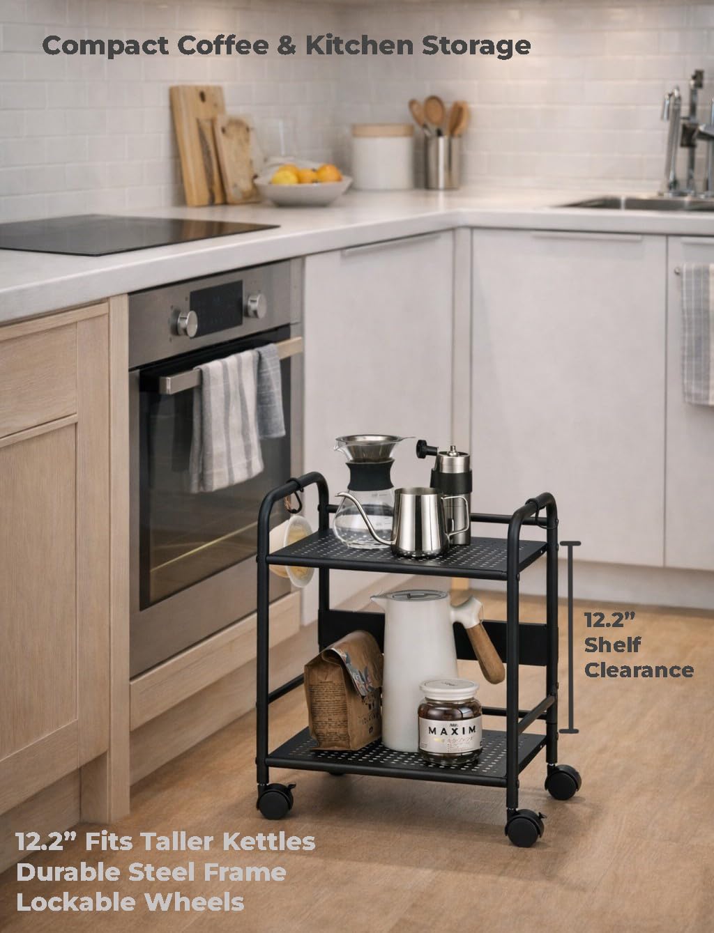 FORSTORAGE 2-Tier Metal Rolling Cart, Under Desk Storage with 12.2" Shelf Clearance, Anti-Drop Guard & Hooks, Compact Utility Cart for Kitchen, Office, Laundry, Bathroom, Pantry, Living Room - Black