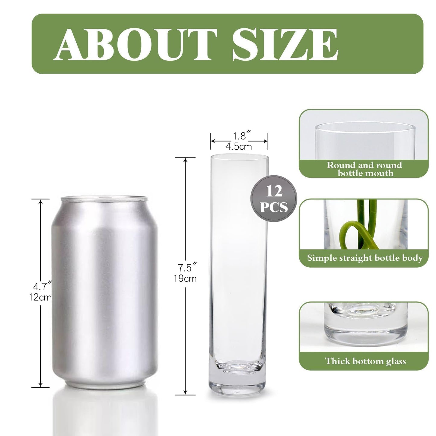 Glass Cylinder Bud Vases for Centerpieces, Set of 12 Clear Small vases,Handmade Slim Flower Vases Wedding Table Decor for Single Rose vases Bulk, Home Aesthetic Desk Decor, Party Decorations,7.5"