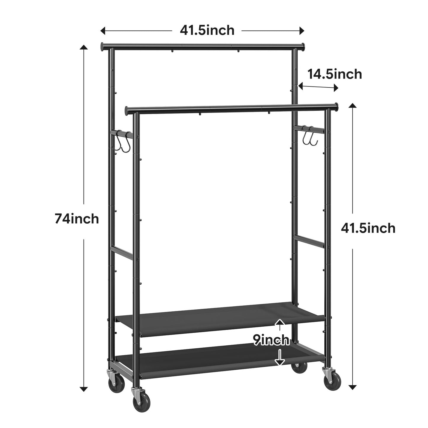 Ekisemio Double Rods Clothes Rack for Hanging Clothes, Rolling Clothing Rack with Wheels, 2-Tier Hanging Rack with Mesh Shelves, Holds 300 LBS for Bedroom, Laundry, Living Room, Black