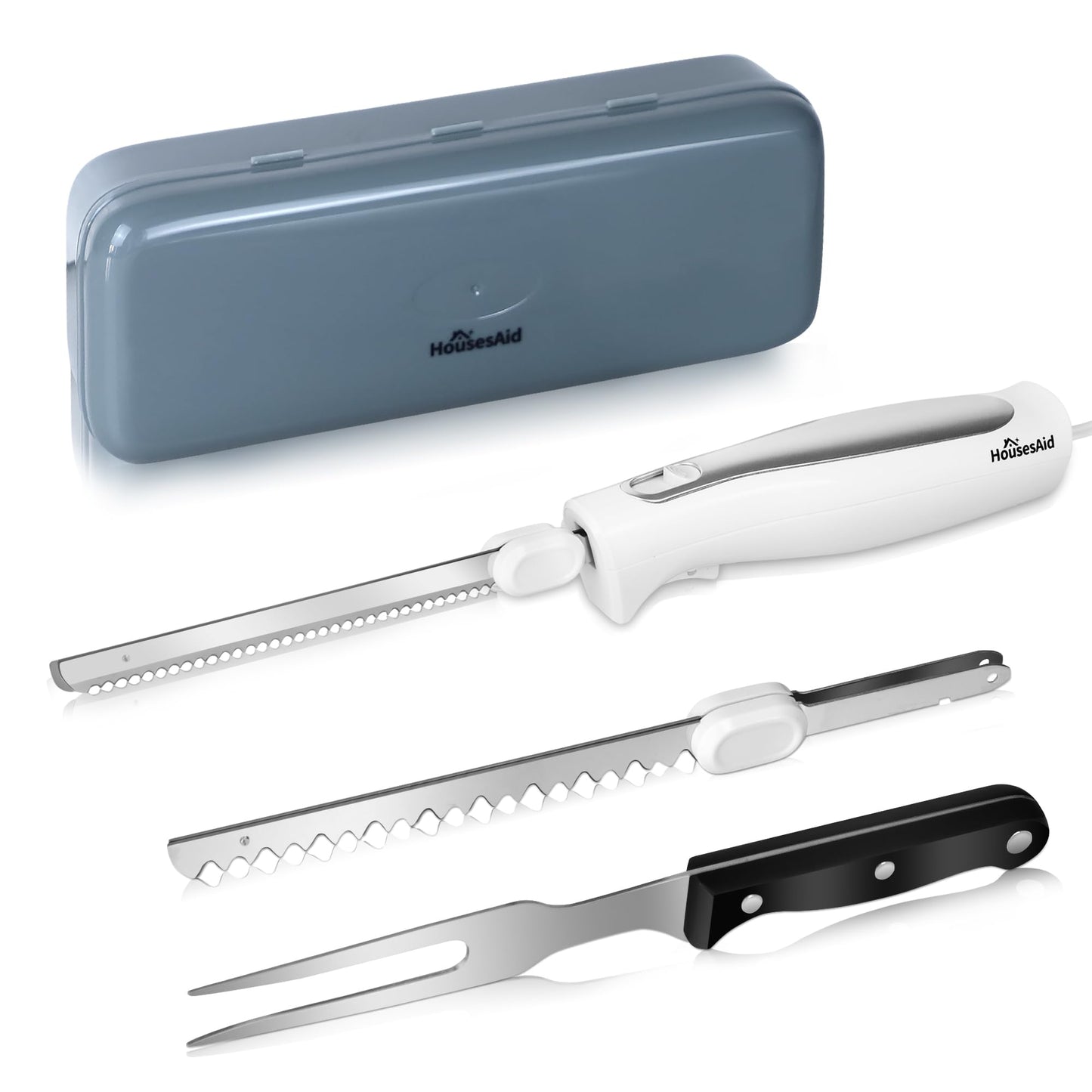 HousesAid Electric Knife,Wired Electric Carving Knife Set with Two Serrated Stainless Steel Blades,Carving Fork,with Non Slip Handle,Safety Lock and Storage Case for Meat,Bread,Other and Foods