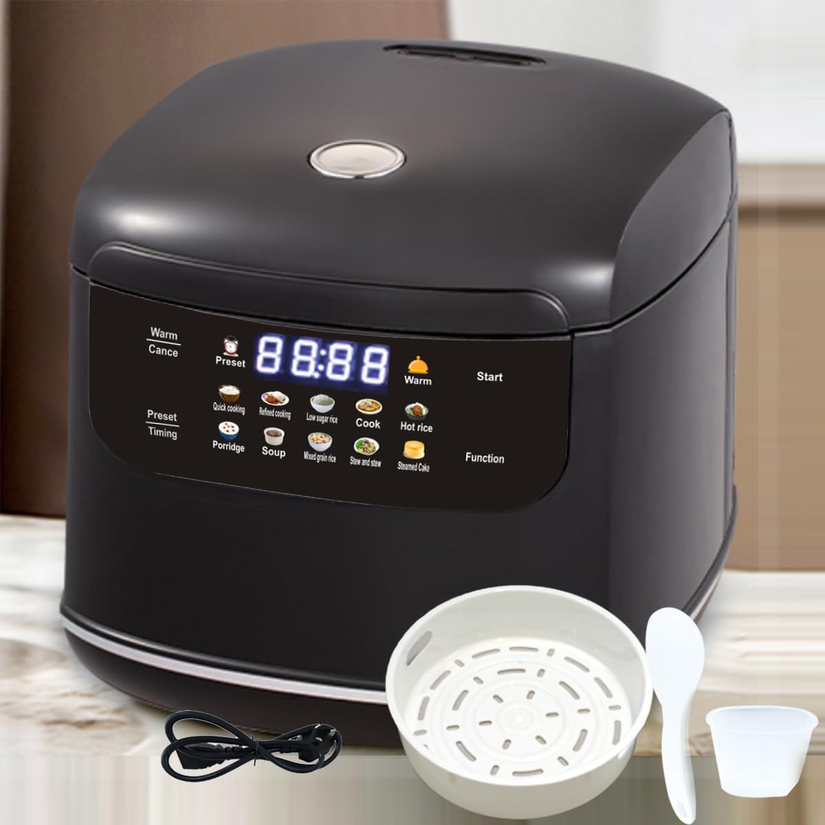 Mini Protable Smart Rice Cooker,2.1Quart 2L,6 Cups Cooked/3 Cups Uncooked,400W Non-Stick Rice Maker with Steamer Basket,24 Hours Timer Delay,10 Functions,Fast Cooker,Auto Keep Warm for Dorm, Office & Small Families