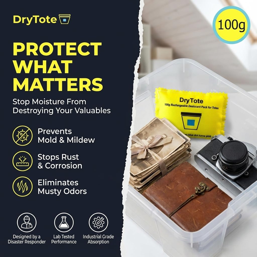 DryTote Rechargeable Desiccant Pack (Pack of 5), Ultimate Moisture Absorption, Color Change Indicator, Safe Storage Protection, Large Capacity 200 Gallons, 100g, Yellow