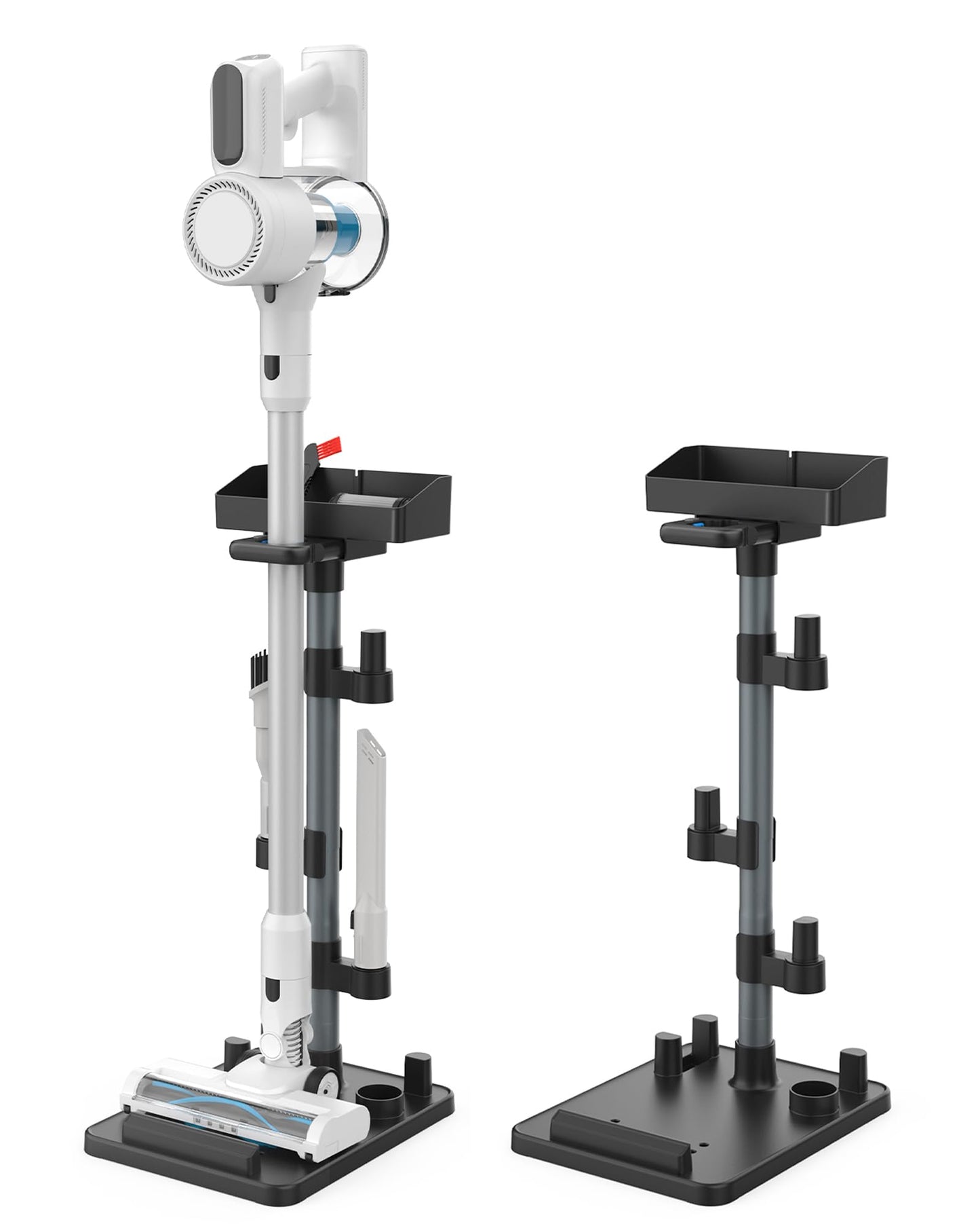 Portek Cordless Vacuum Stand, Height-Adjustable Stick Vacuum Standing Dock Station, 7 Accessory Holders Attachments Organizer and Storage Box (Max. 1.8" Vac Wand)