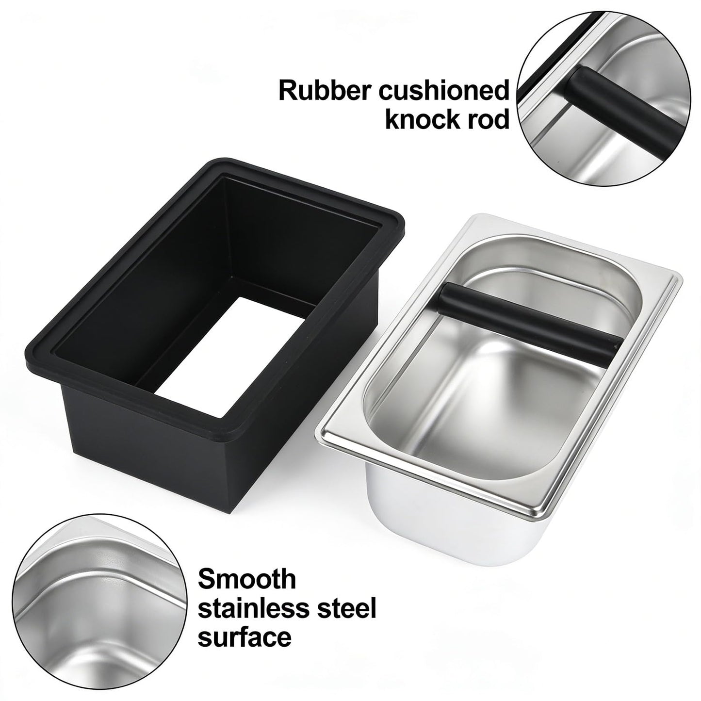 forusom Espresso Knock Box,Stainless Steel Knocker Storage Box, Large Capacity Coffee Container,With Removable Shock-Absorbent Knock Bar and Anti-Slip Base, Espresso Machine Tools for Coffee Grinder