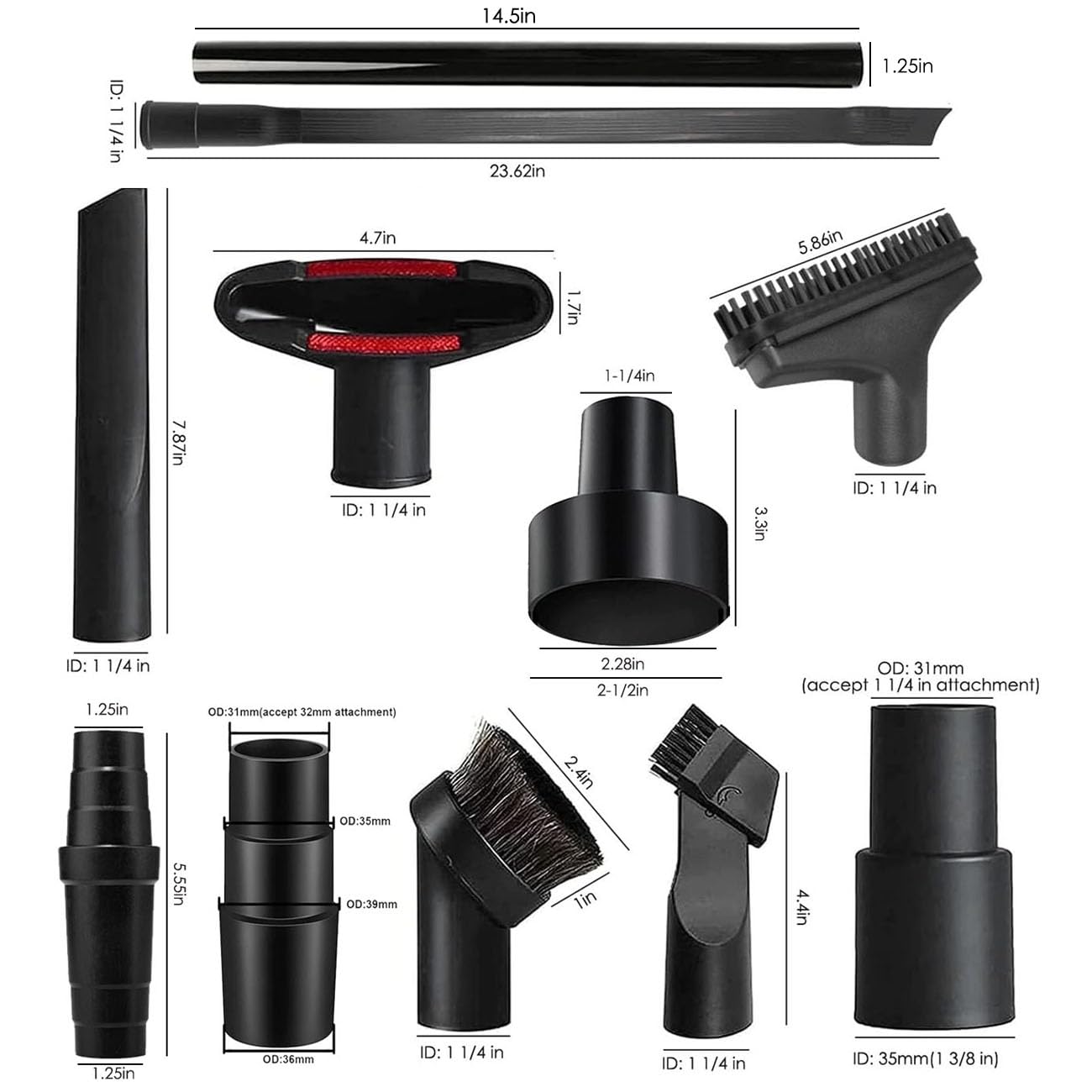 Alrens 15 Pack Universal Vacuum Attachments for Shop Vac Accessories, 2 1/2" to 1 1/4" Vacuum Hose Adapter, 1 7/8" to 1" Vacuum Adapter, Vacuum Extension Wand Accessories Brush Kit