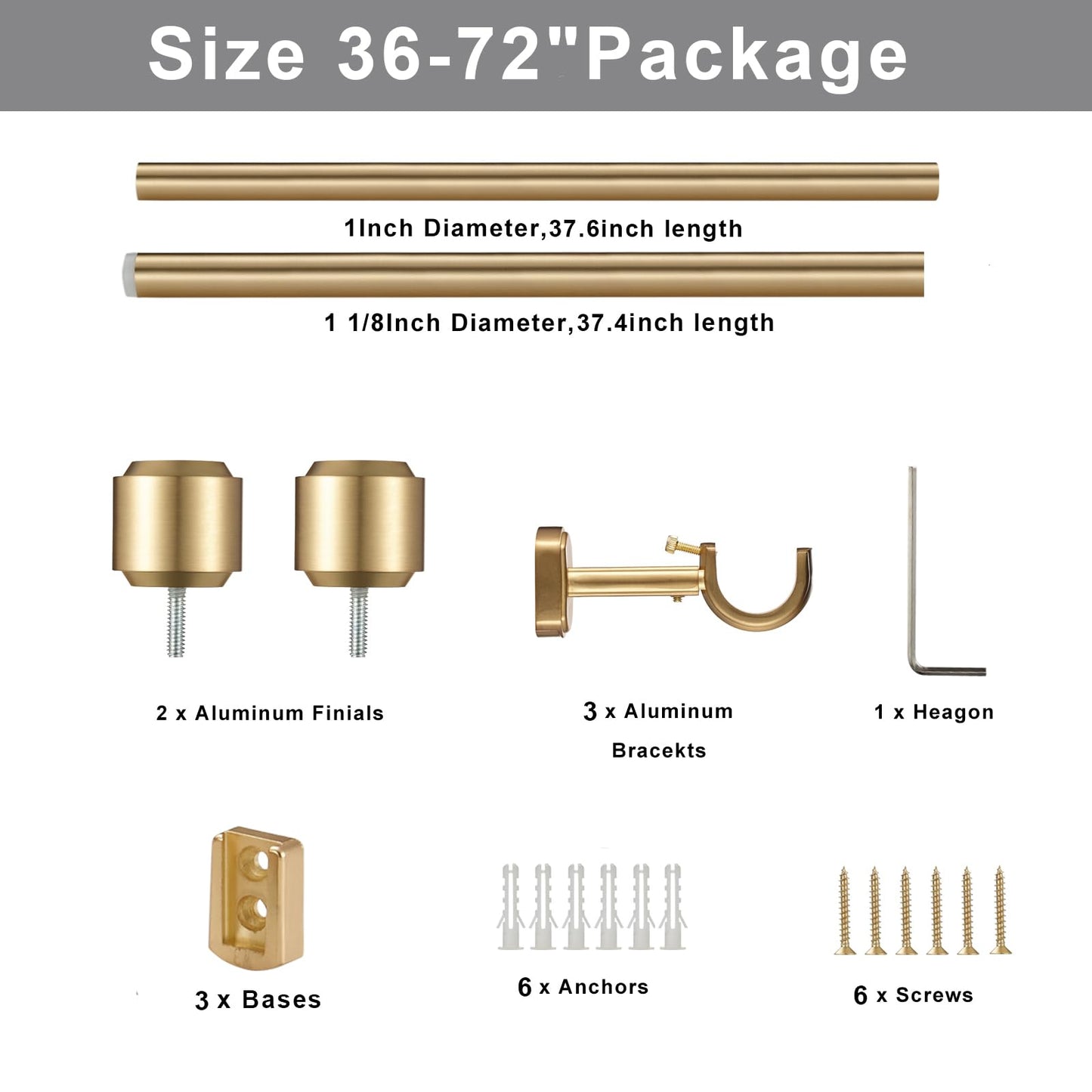 Heavy Duty Curtain Rods, 1 1/8 Inch Diameter Single Curtain Rod 36-72Inch(3-6ft) Extendable Length with End Caps Adjustable Modern Brackets-Warm Gold