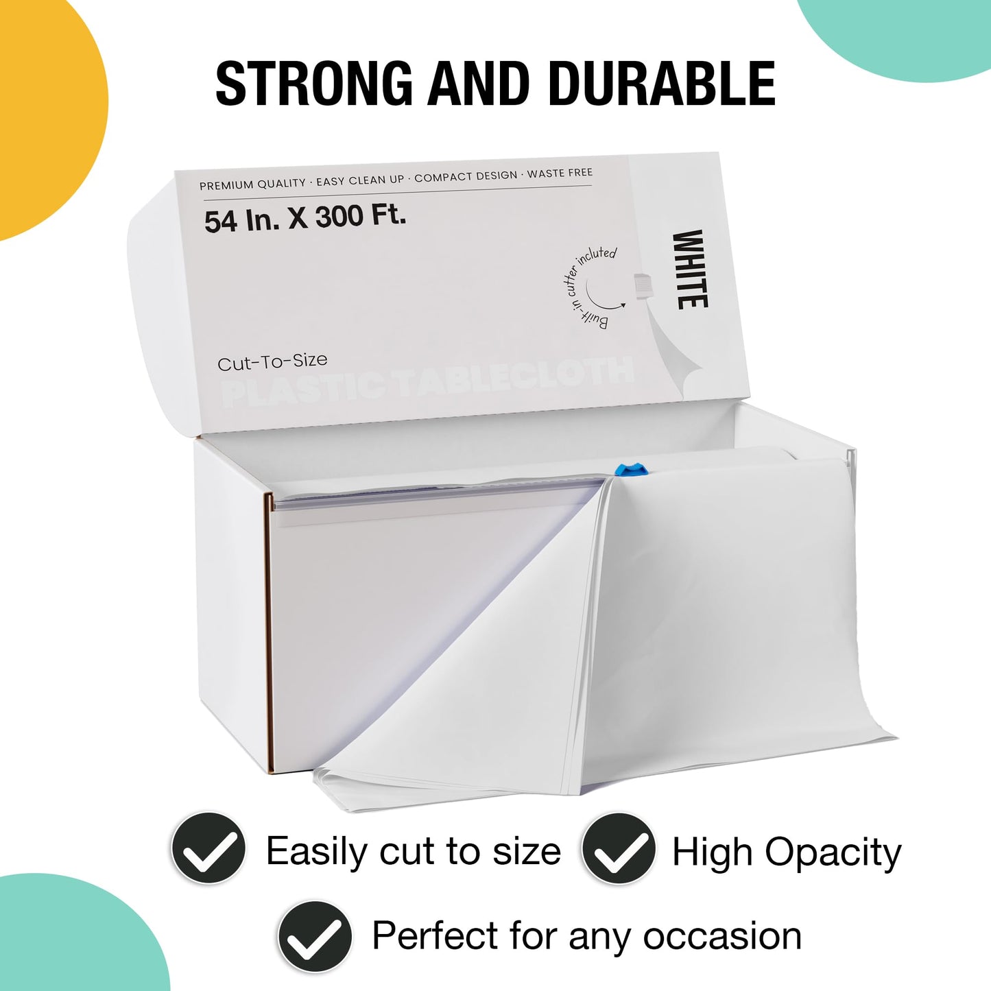 Party Solids 54 Inch X 300 Feet White Plastic Table Cover Roll in A Cut - to - Size Box with Convenient Slide Cutter. Cuts Up to 36 Rectangle 8 Feet Plastic Disposable Tablecloths