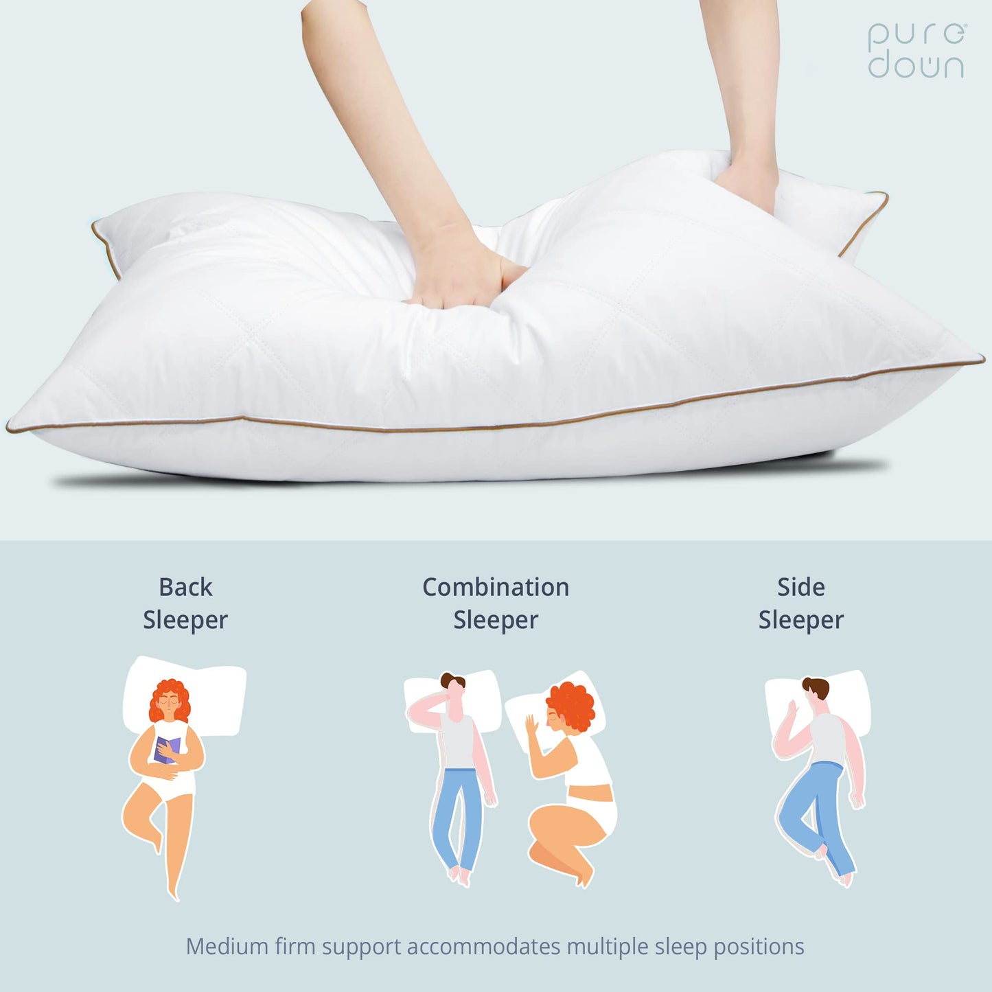 puredown® Goose Feathers and Down Pillow with Diamond Quilting with 100% Cotton Cover, Pack of 2, Standard Size