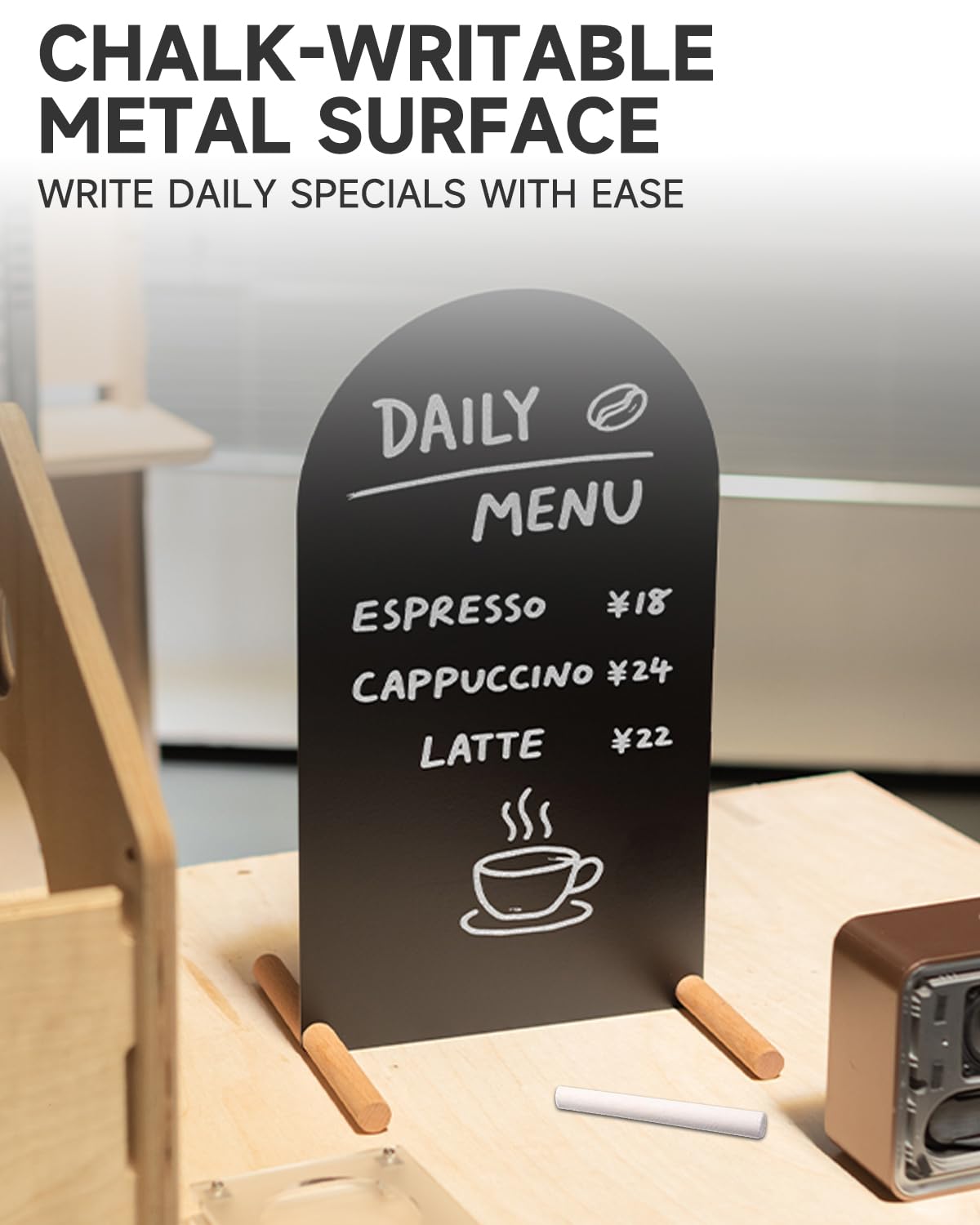 Metal Tabletop Menu Stand with Magnetic Holders and Chalk Writable Surface, Reusable Cafe Display Board with Wooden Base for Restaurant Bakery Retail Counter Menu, Daily Specials and Price Signs