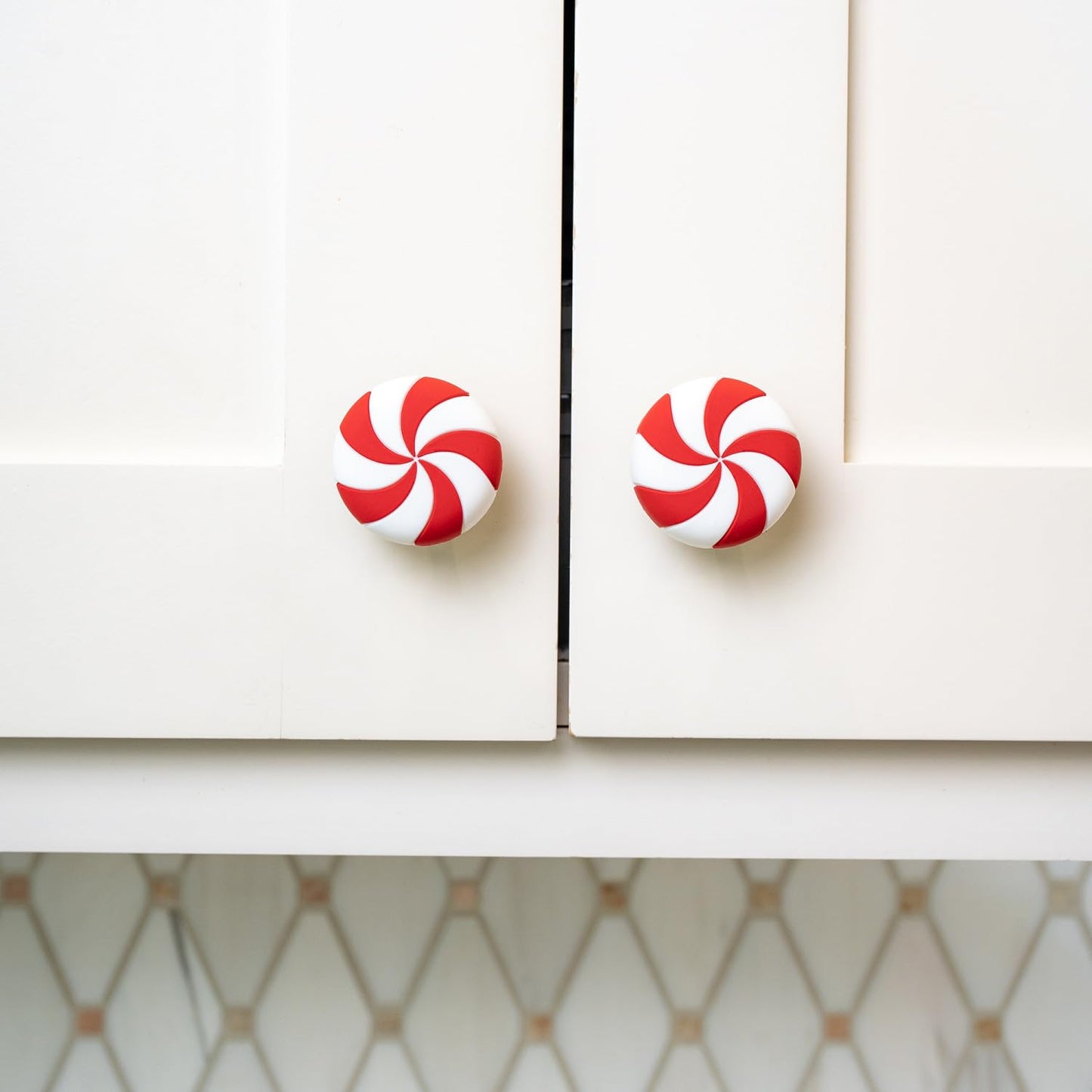 Knobēz: Decorative Knob Covers - Red Peppermint - 12pk - Stretch Over Hardware Decorations, Holiday-Winter-Christmas, Kitchen-Bathroom-Dressers-Home