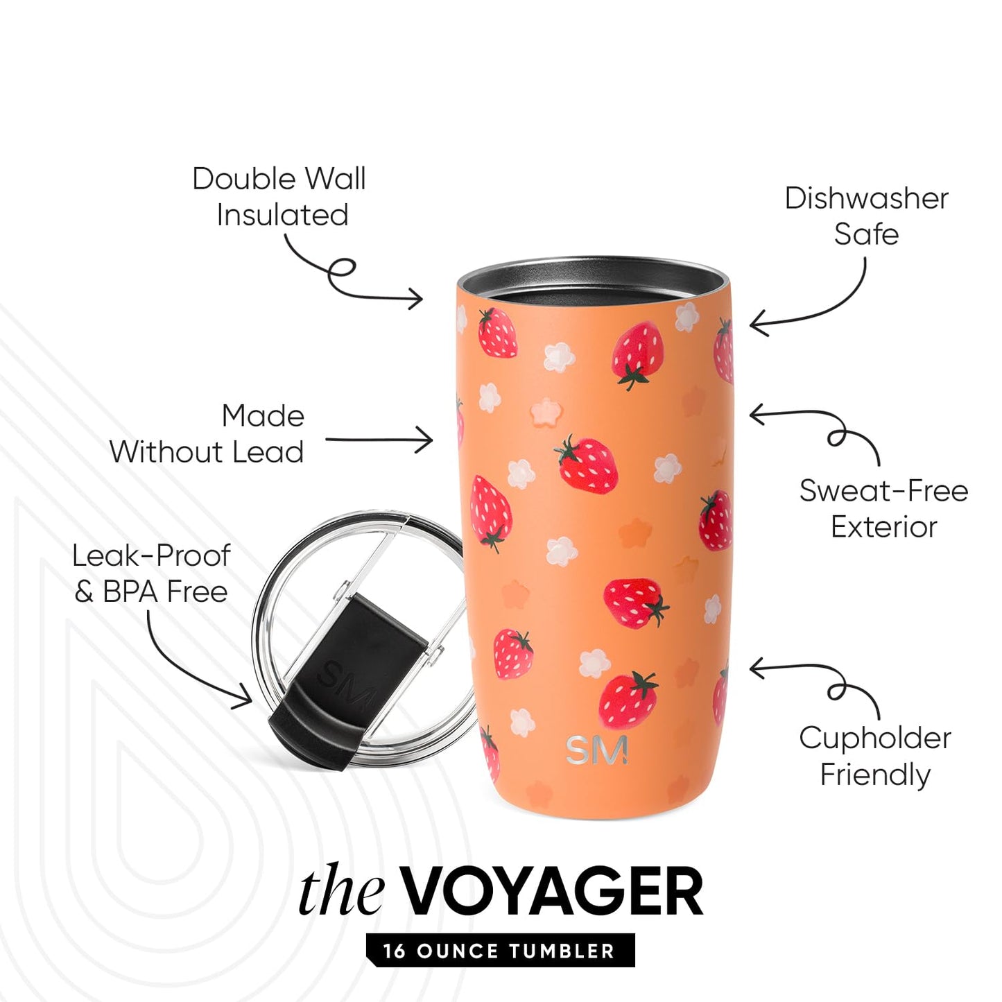 Simple Modern Voyager Tumbler with Flip Lid | Travel Coffee Mug | Insulated Stainless Steel Cold Brew Iced or Hot Coffee Cup | Gifts for Women Men Her Him | 16oz, Strawberry Fields