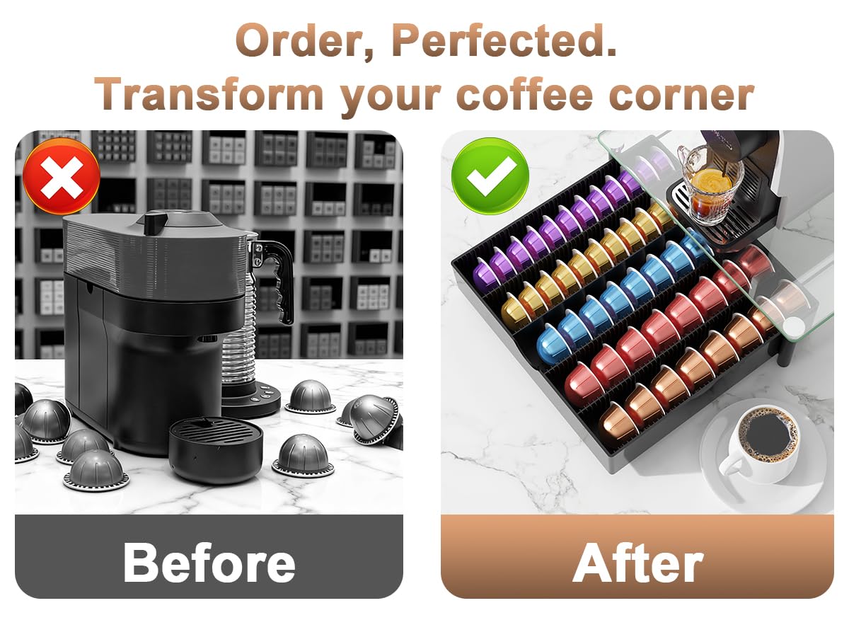 OUTIOE Coffee Pod Drawer Organizer with Tempered Glass Lid (Transparent Glass)