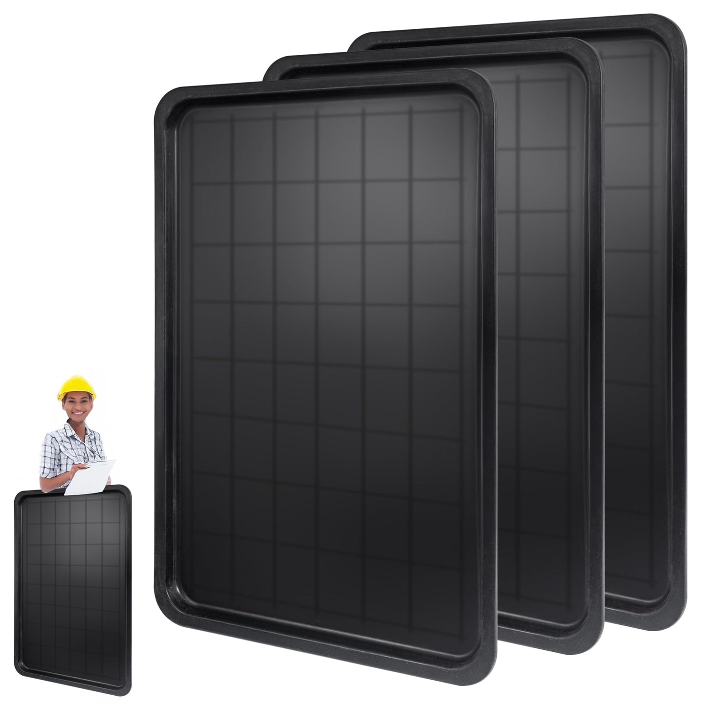 Halonik 3pc Black Plastic Rectangular Stackable Automotive Drip Pans, 35.2 x 23.4 Inches, Matte or Glossy Finish, 3pc Replacement Range Drip Pans, for Car Maintenance, Cleaning, Pet Care