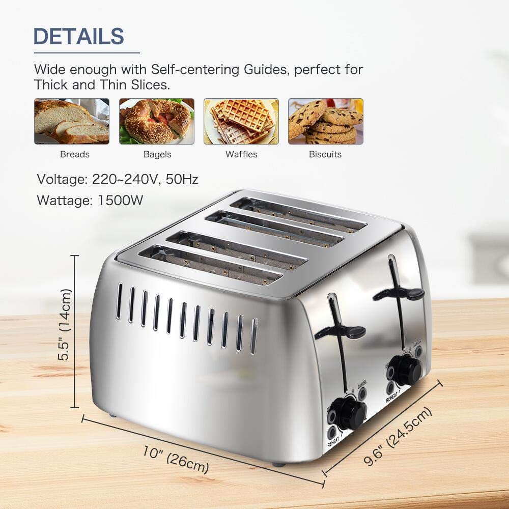 prepAmeal Toaster 4 Slice Stainless Steel Bagel Toaster Extra Wide Slots with 6 Browning Setting, Bagel/Reheat/Defrost/Cancel Function for Toasting Bread, Bagels and Waffles, 1500W, Silver