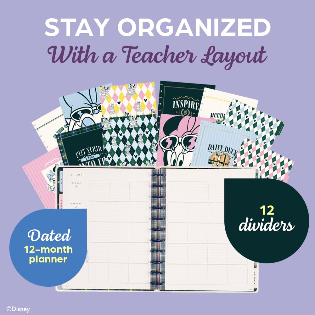 Happy Planner Disney Disc-Bound 12-Month Academic Planner, July 2026–June 2027, Big Size, 8.5" x 11", Teacher Layout, 12 Dividers, Minnie & Daisy Varsity