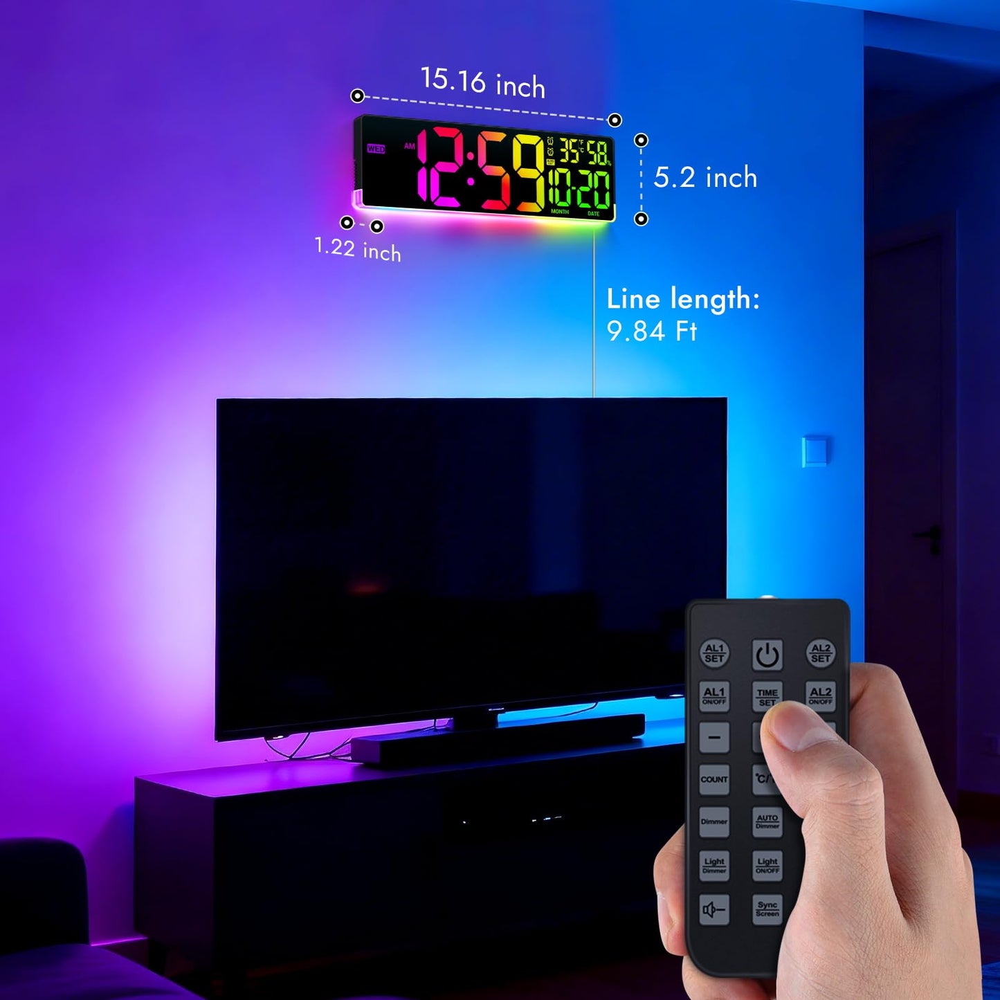 16.5" Large Digital Wall Clock: 11 Screen Colors and 13 U-Shaped RGB Backlight Modes with Sync Screen, Auto DST, Temp & Humidity, Dual Alarm & Timer – Digital Clock for Classroom, Gym, Gaming Room