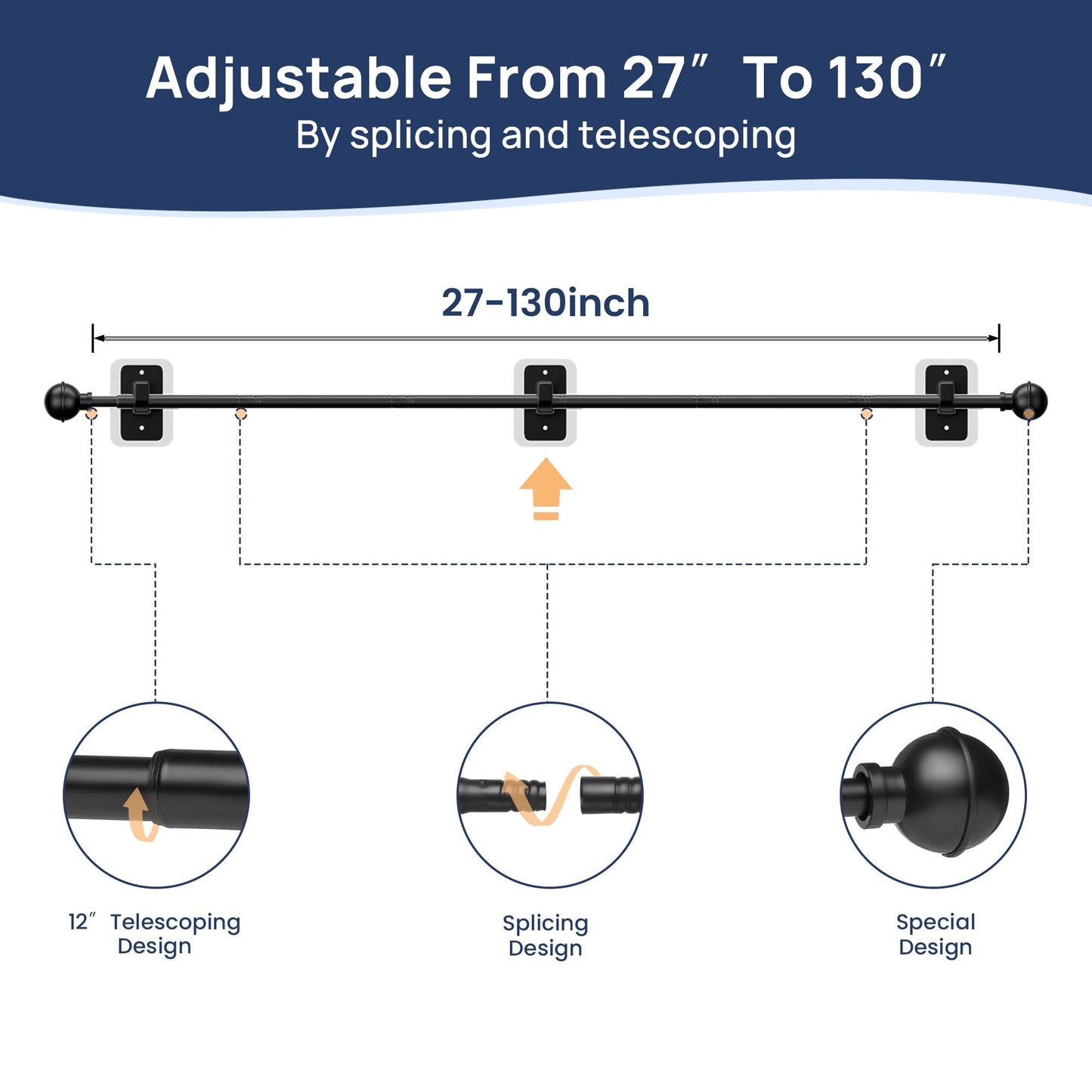 ENJOYBASICS No Drill Curtain Rods for Window 66 to 120 Inches, 5/8 Inch Diameter Renter Friendly Drapery Rod with Adhesive Brackets without Drilling, Adjustable from 27 to 130 Inches, Black