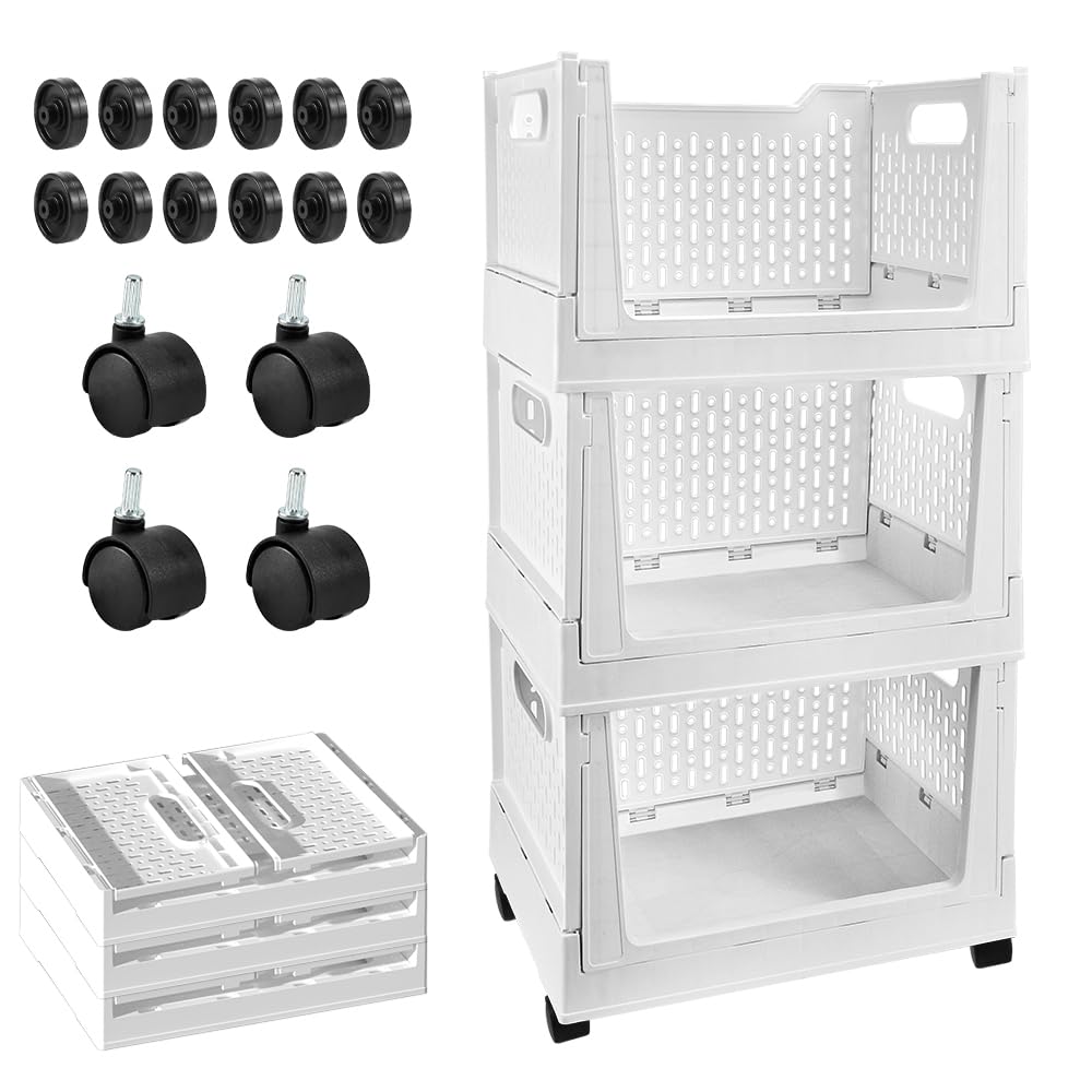 Stackable Plastic Storage Basket, 3 Pack Foldable Closet Organizers and Storage Bins with Wheels, Collapsible Drawer Shelf Storage Box Container for Office Bedroom Closet Wardrobe Kitchen Bathroom