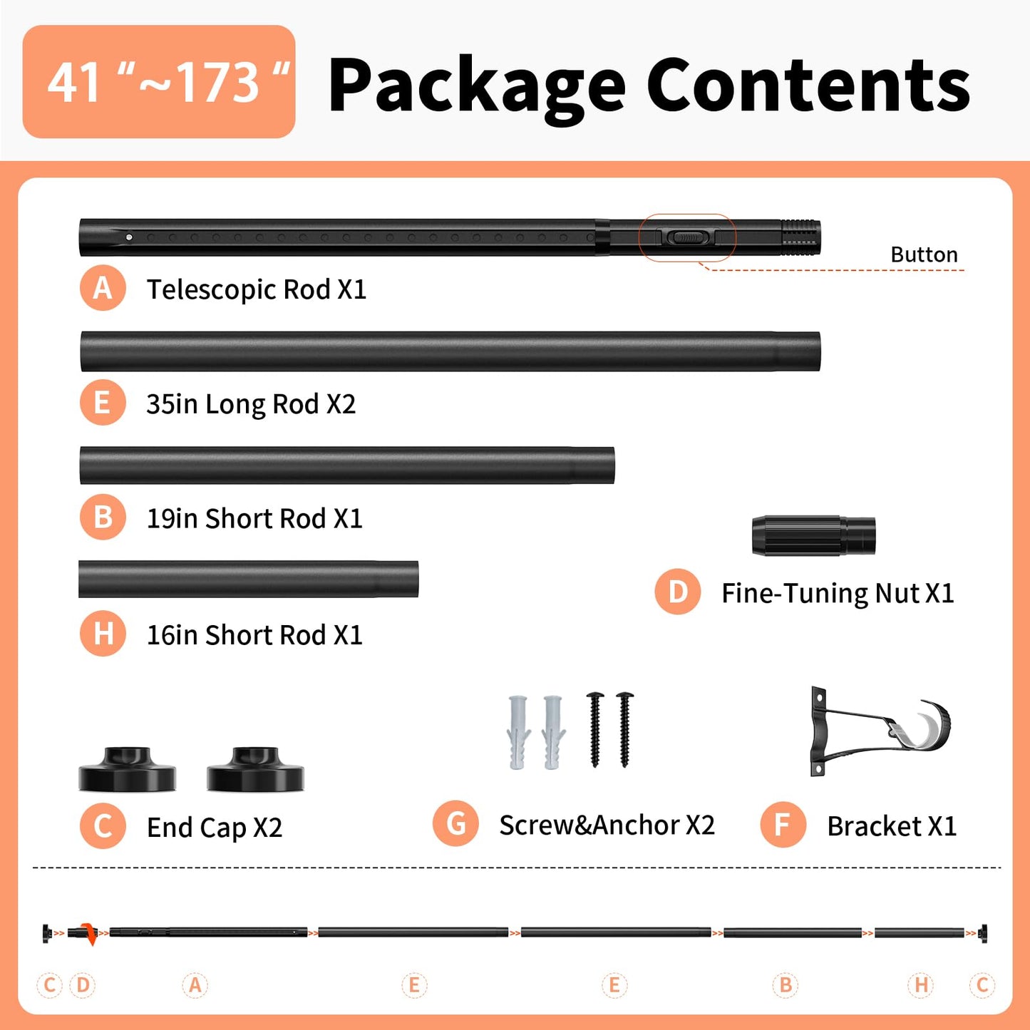 Tension Curtain Rod 41-173In, Outdoor Extra Long Curtain Rod No Drilling for Window or Bathroom Patio, Adjustable Heavy Duty Shower Curtain Rod, Easy to Install, Never Rust, Non-Slip-Black