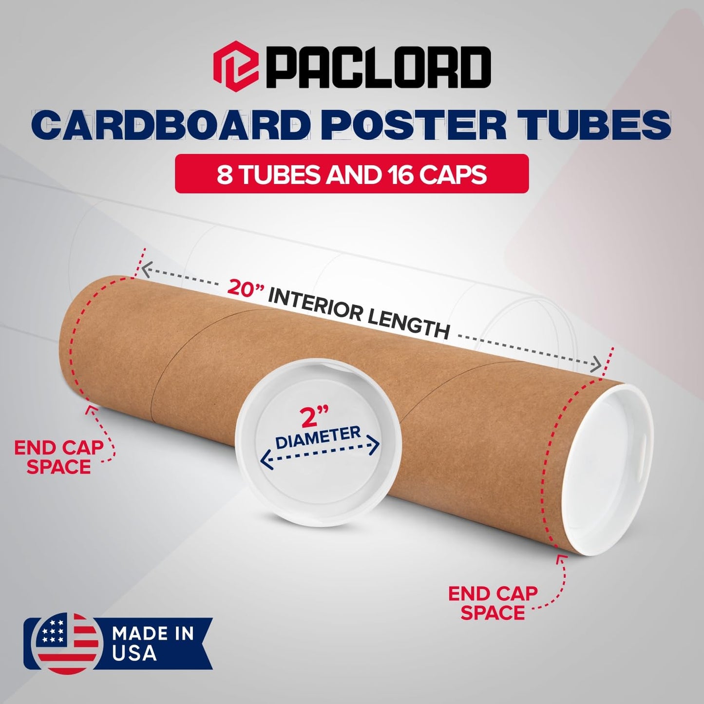 2" x 20" Reinforced Kraft Paper Mailing Tube, Pack of 8 Tubes with 16 Caps – Secure USPS Approved Poster Tube – Made in USA Cardboard Tube for Shipping and Storing Posters, Prints, Artwork