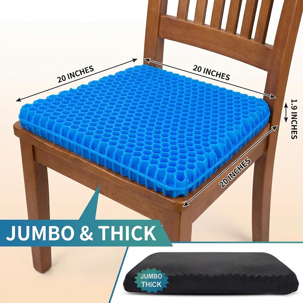 VEADONS Jumbo Gel Seat Cushion for Long Sitting, 20x20x1.9 inch Thick Honeycomb Wheelchair Cushion for Hip & Back Pain Relief, Breathable Non-Slip Chair Pad for Office, Car & Recliner