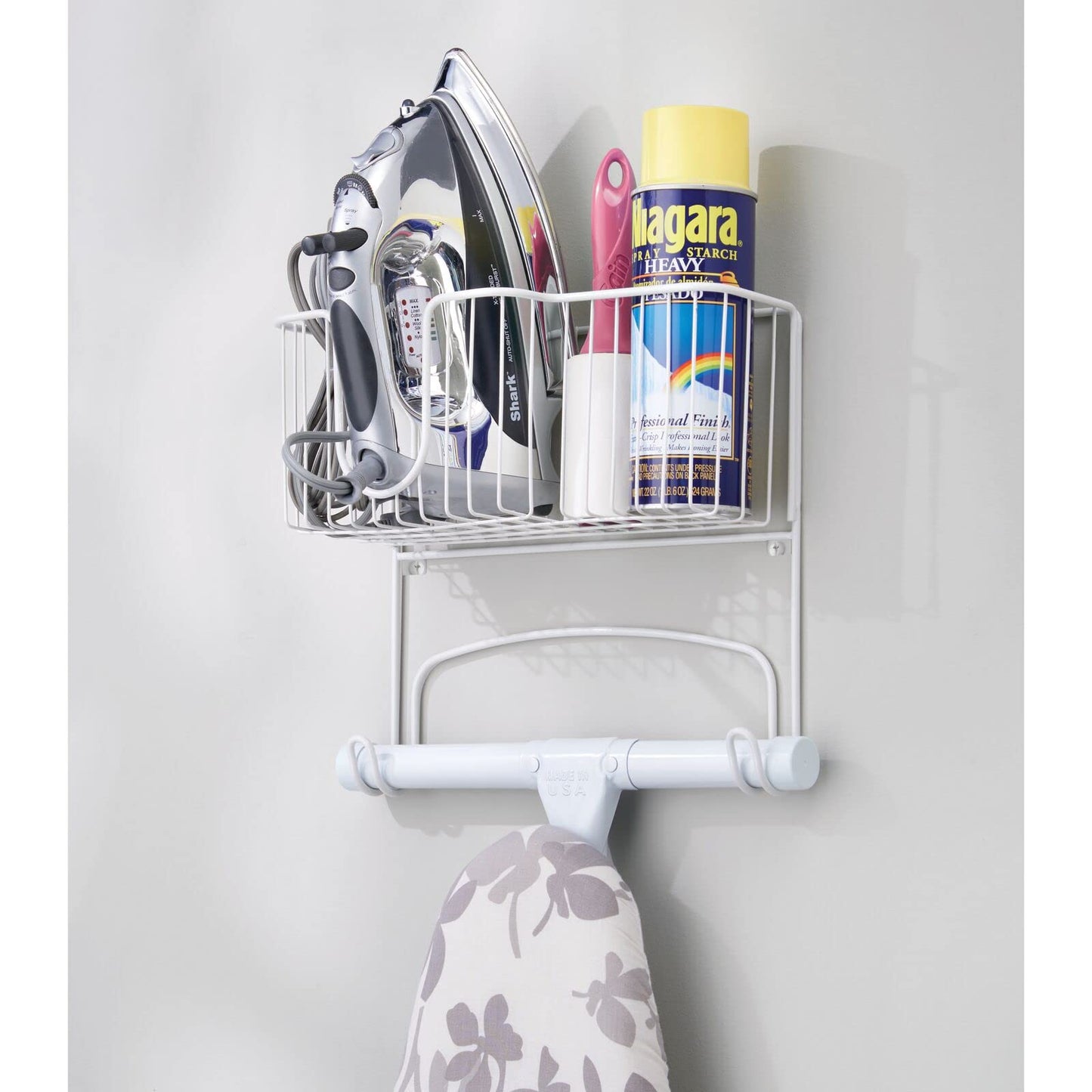 mDesign Wall Mounted Ironing Board Holder - Steel Ironing Board Rack for Easy Organisation - includes Basket for Iron Storage - White
