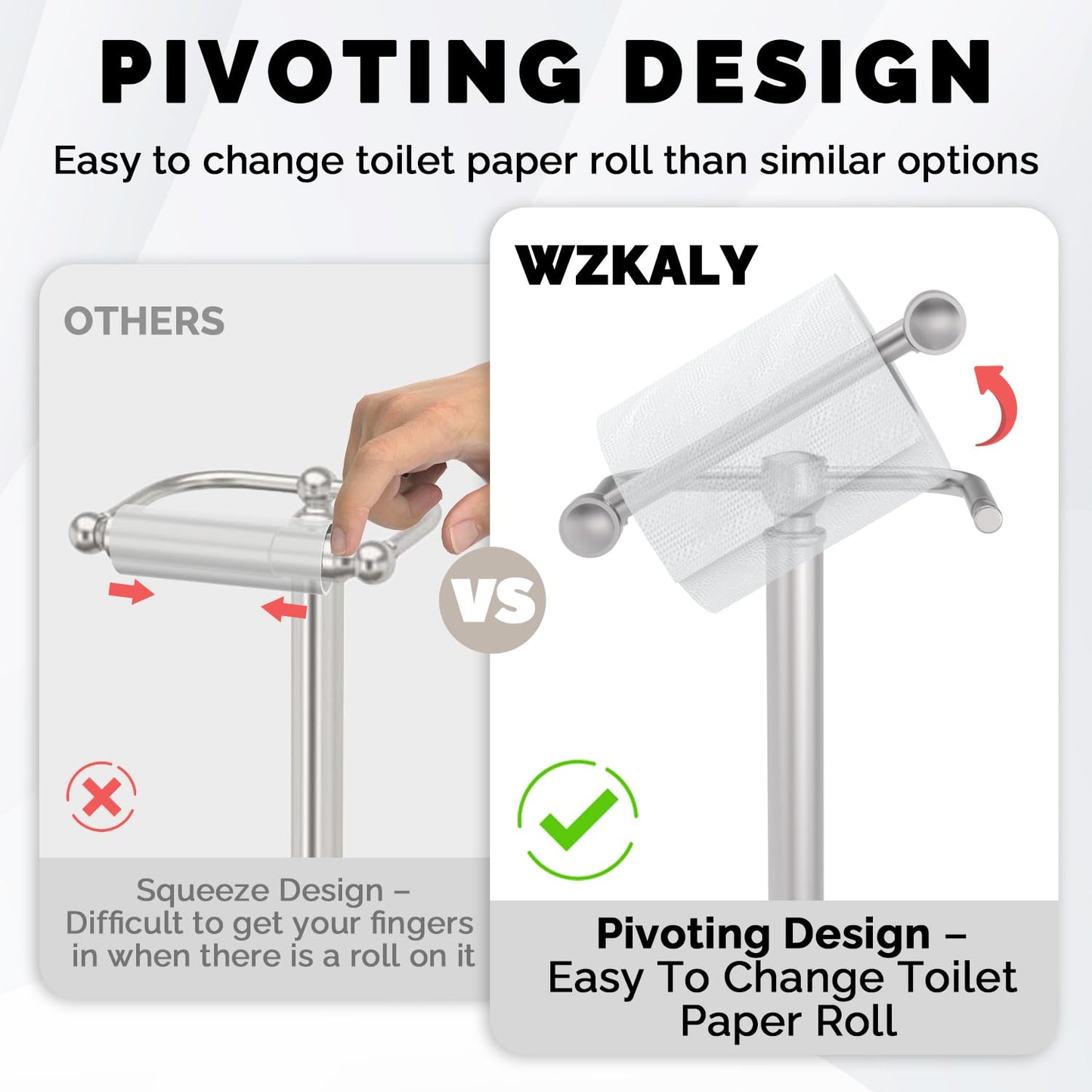 WZKALY Toilet Paper Holder Stand, Brushed Nickel Toilet Paper Holder Free Standing, Post Pivoting Design & Stable Weighted Base SUS304 Stainless Steel for Bathroom(Mega Roll)